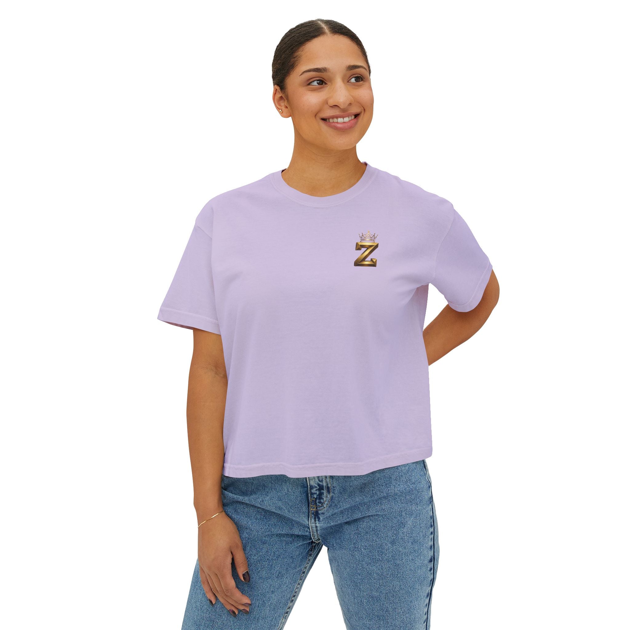 Crowned Z Women's Boxy Tee — Minimal Gold Initial Graphic