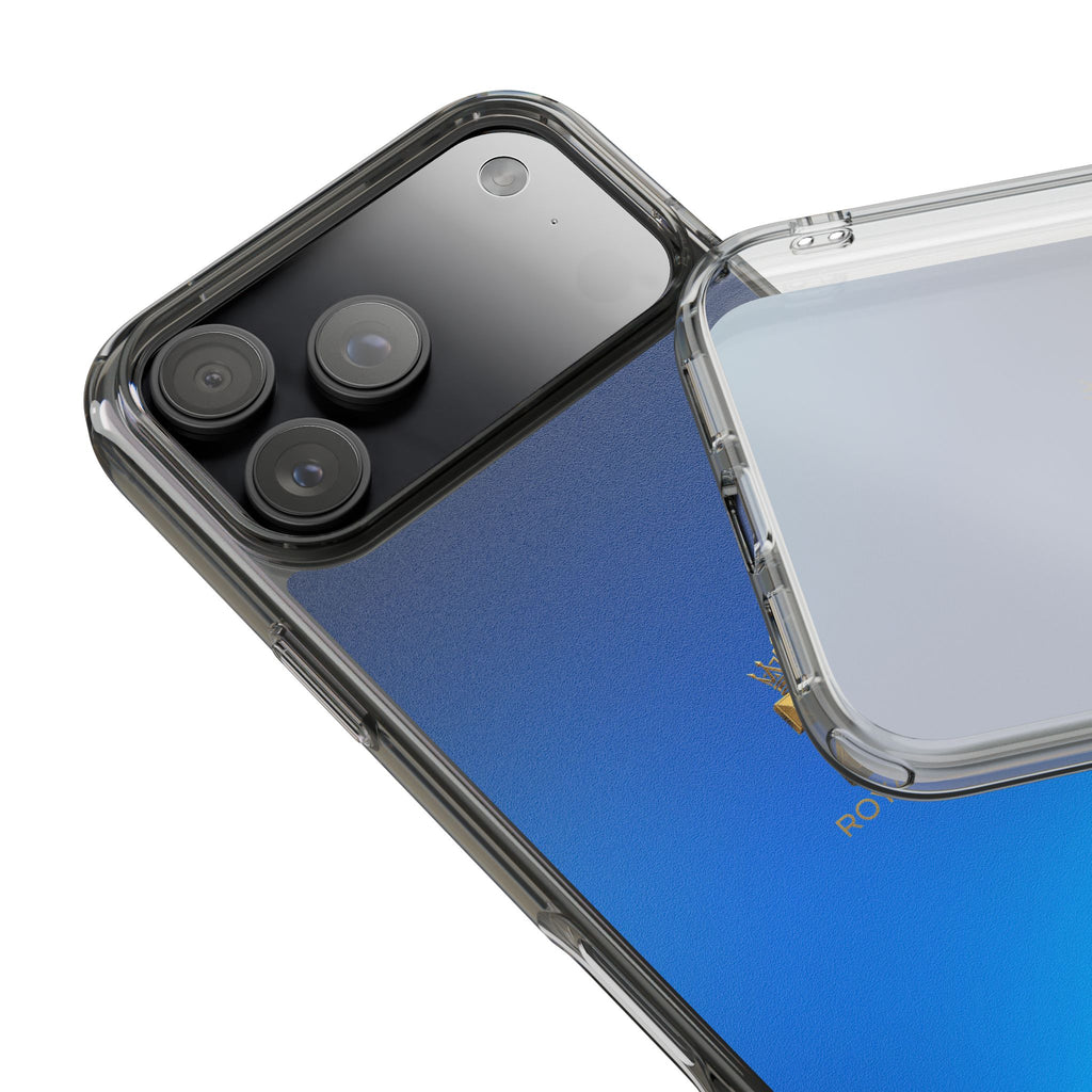 Clear Impact-Resistant Phone Case — Blue Gradient with Gold “Royal Zak” Crown Logo