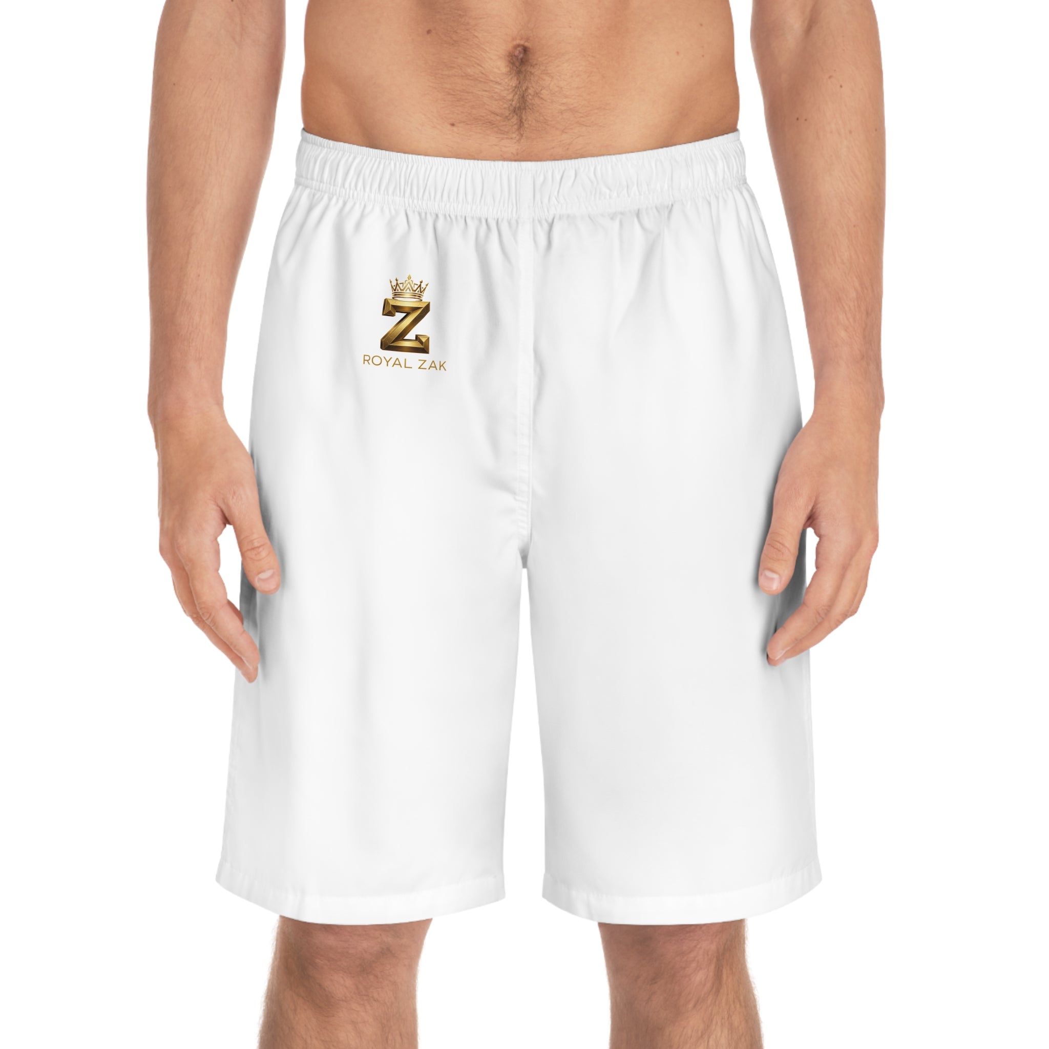 Royal Zaa White Board Shorts — Gold Crown Z Logo Swim Trunks