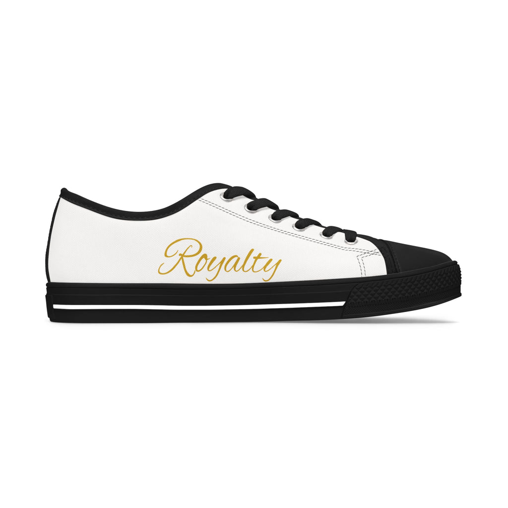 Women's Low Top Sneakers — White Canvas Casual Shoes with Gold "Royalty" & "Style" Script