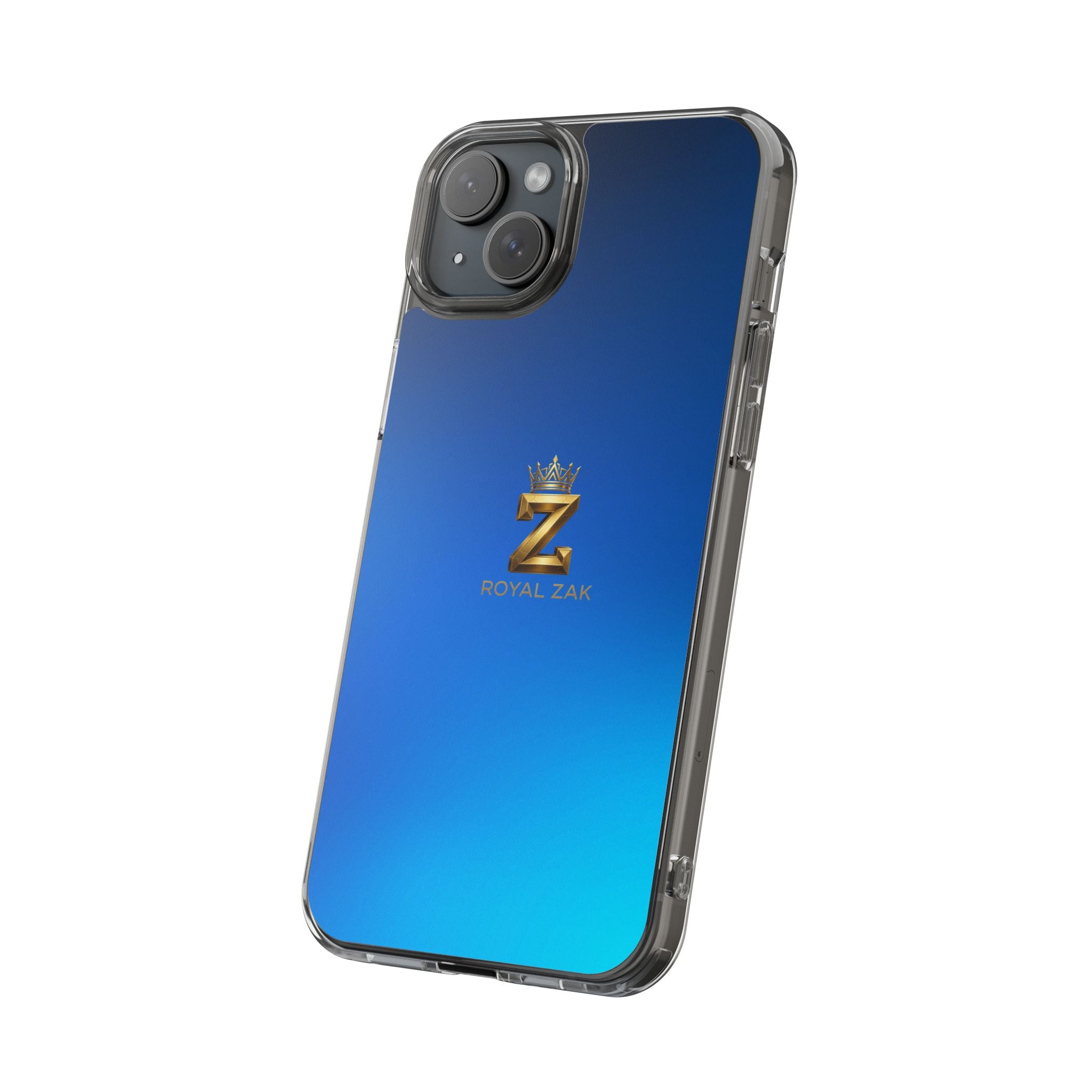 Clear Impact-Resistant Phone Case — Blue Gradient with Gold “Royal Zak” Crown Logo