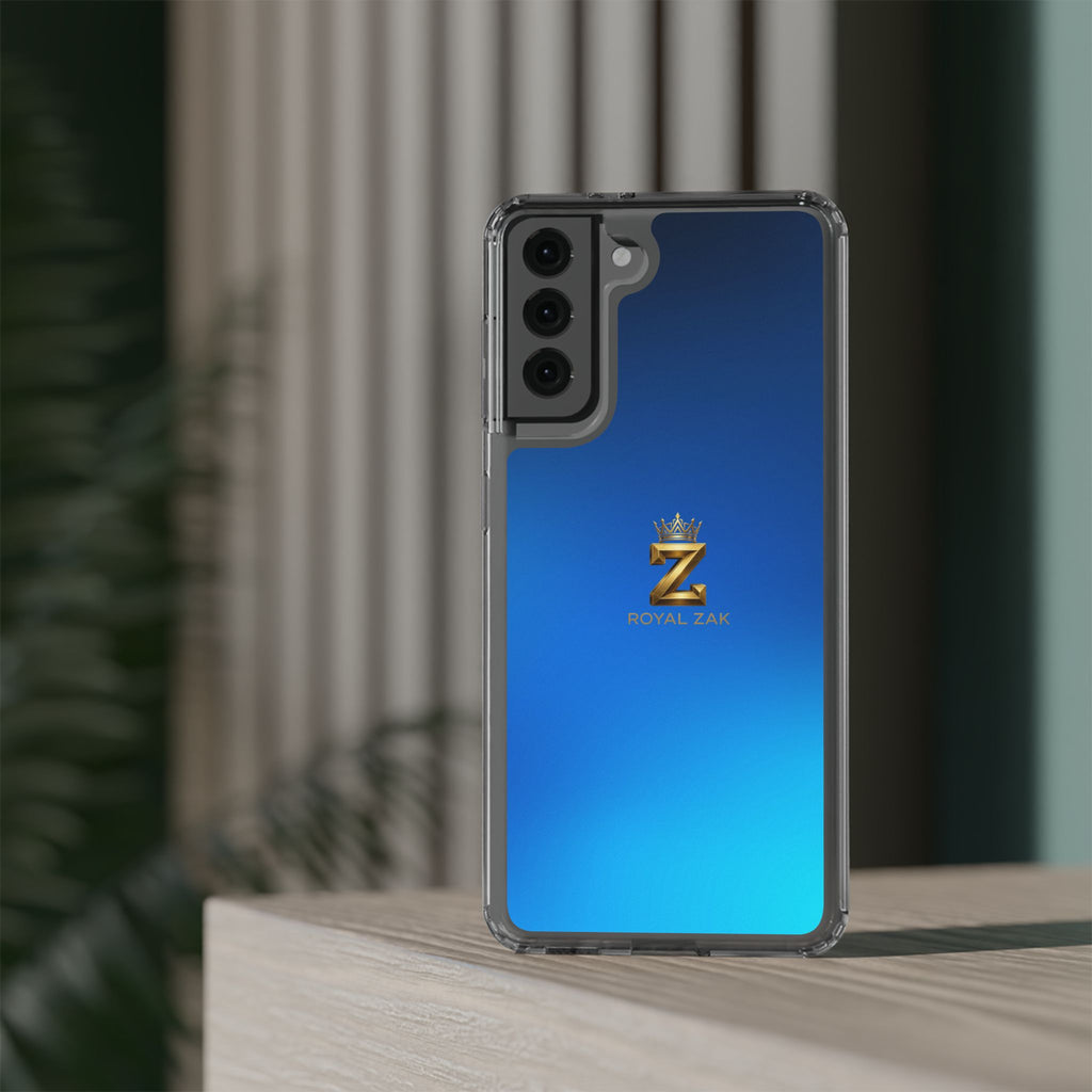 Clear Impact-Resistant Phone Case — Blue Gradient with Gold “Royal Zak” Crown Logo