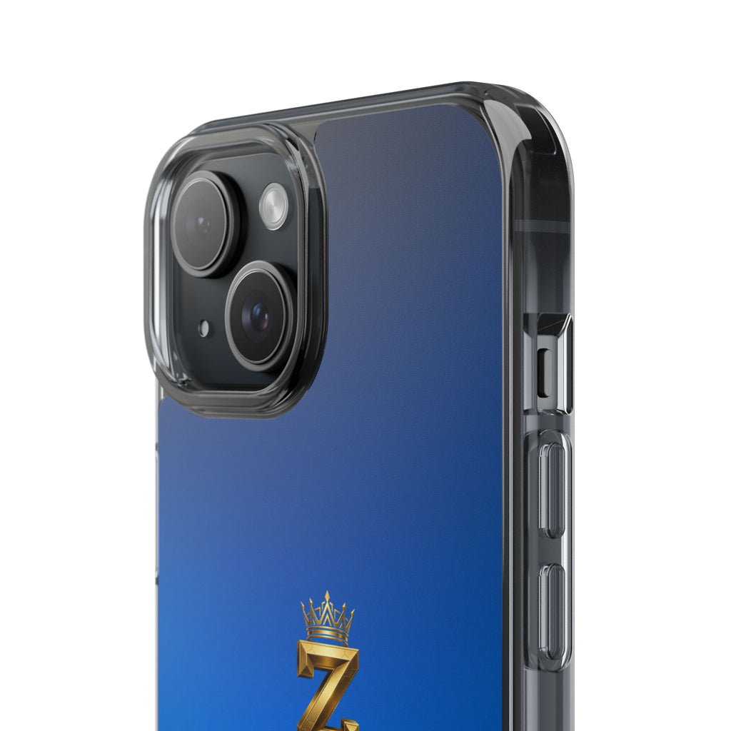 Clear Impact-Resistant Phone Case — Blue Gradient with Gold “Royal Zak” Crown Logo