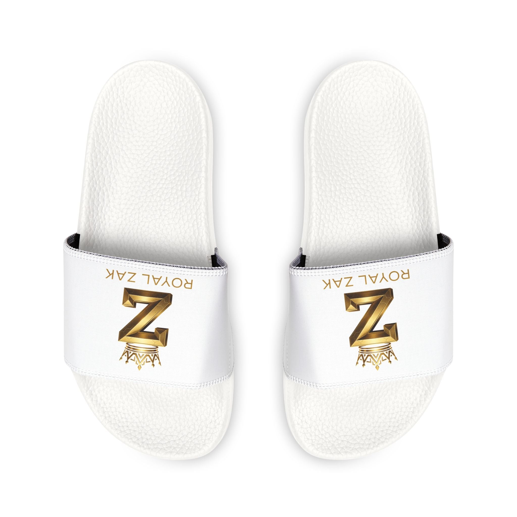 Youth Slide Sandals – White Removable-Strap Slides with Gold 'Z' Crown Logo (Royal Zak)