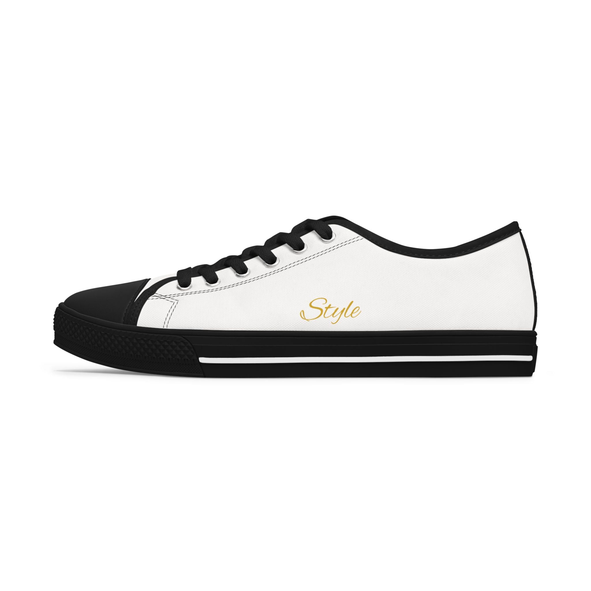 Women's Low Top Sneakers — White Canvas Casual Shoes with Gold "Royalty" & "Style" Script