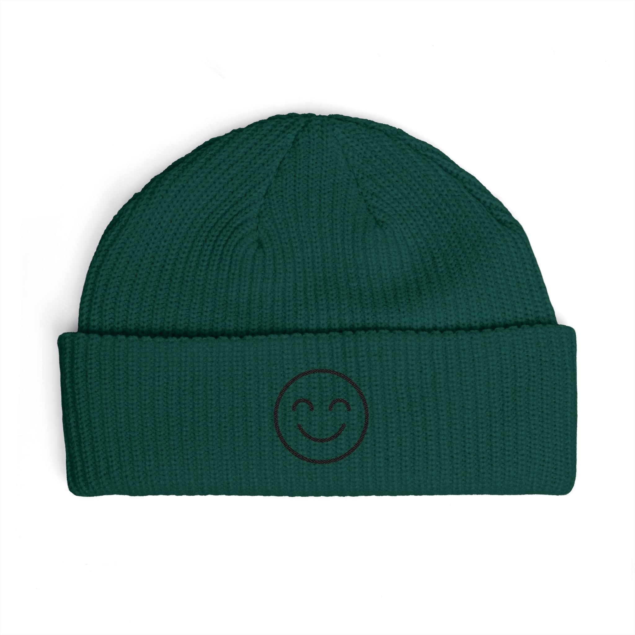 Smiley Face Cuff Beanie — Cozy Knit Winter Hat with Embroidered Smile