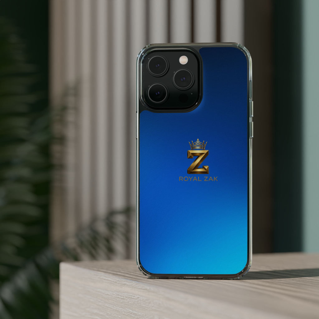 Clear Impact-Resistant Phone Case — Blue Gradient with Gold “Royal Zak” Crown Logo