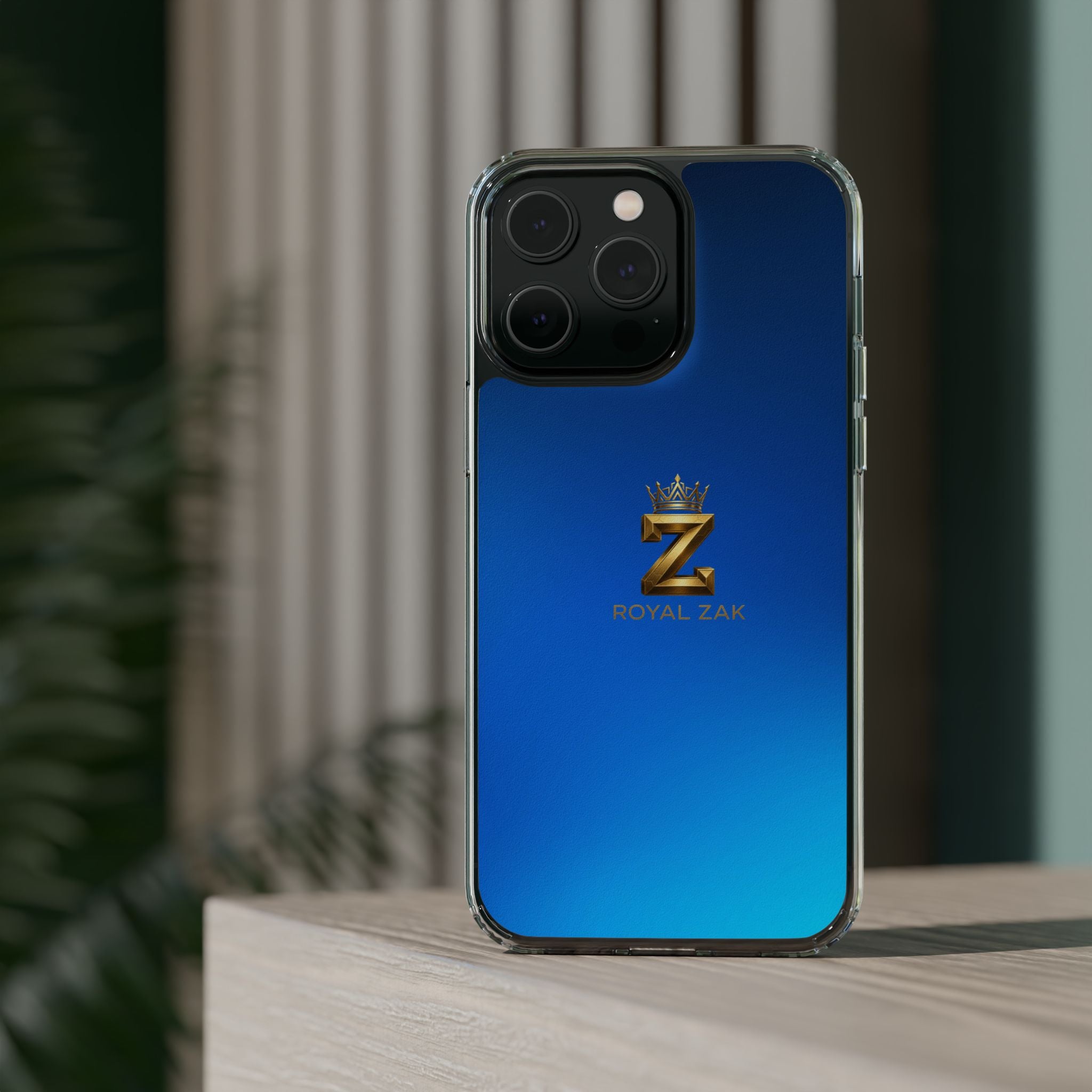 Clear Impact-Resistant Phone Case — Blue Gradient with Gold “Royal Zak” Crown Logo