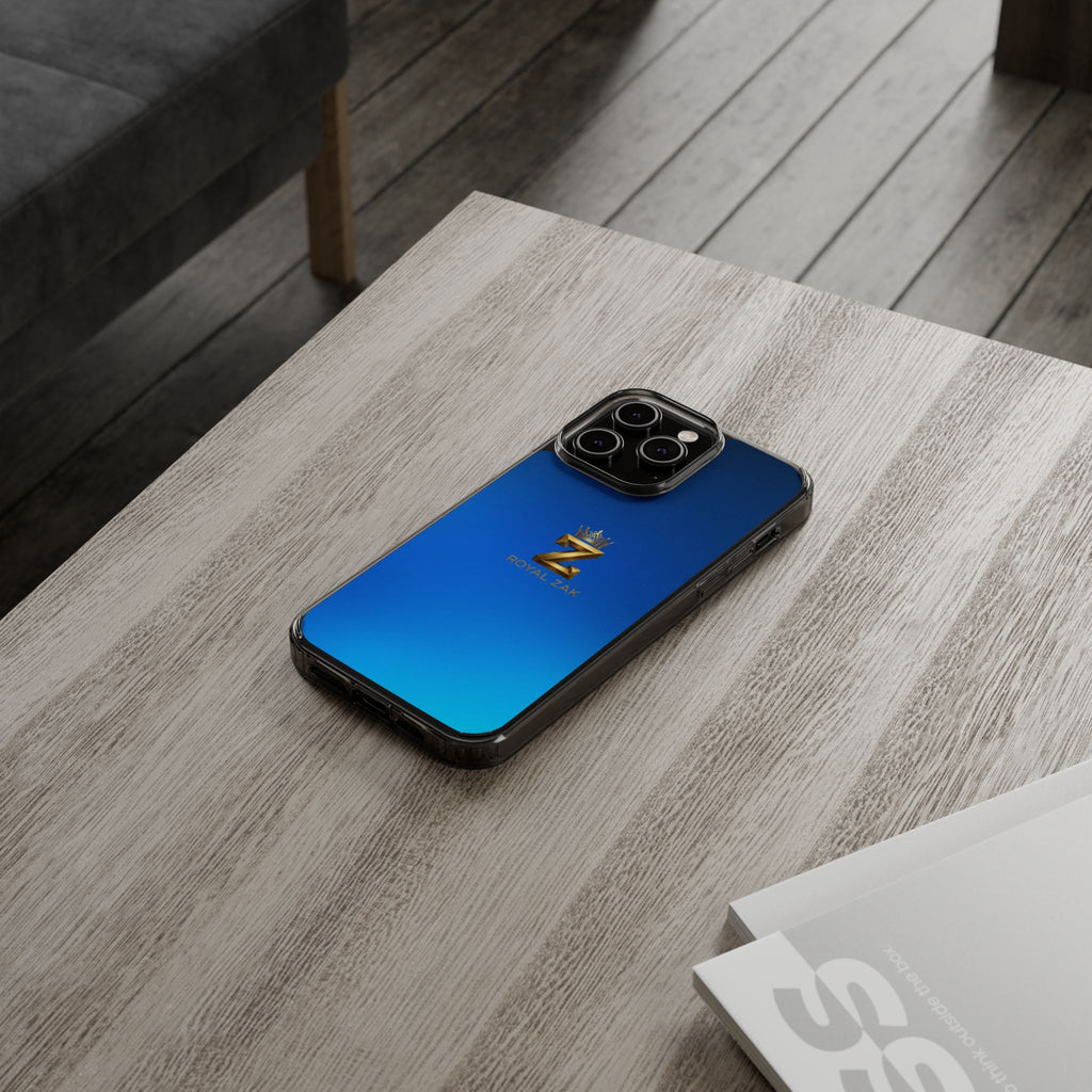 Clear Impact-Resistant Phone Case — Blue Gradient with Gold “Royal Zak” Crown Logo