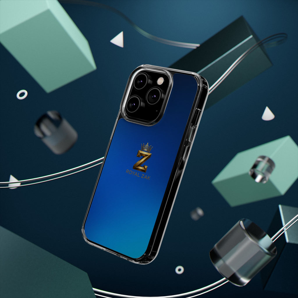 Clear Impact-Resistant Phone Case — Blue Gradient with Gold “Royal Zak” Crown Logo