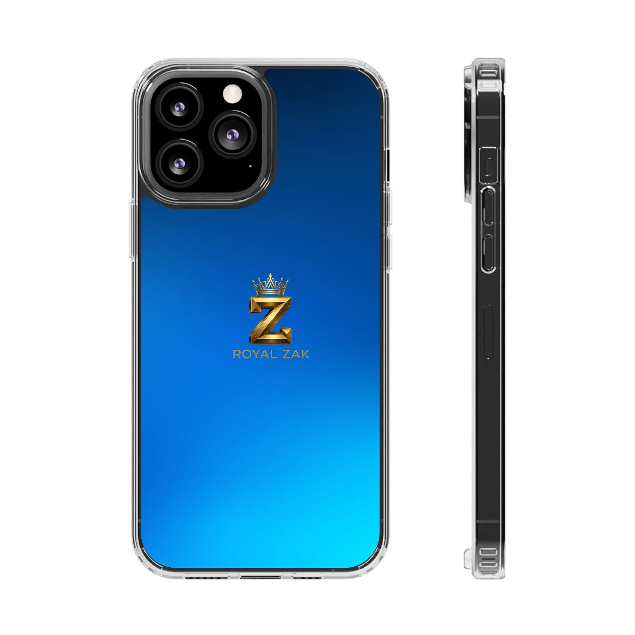 Clear Impact-Resistant Phone Case — Blue Gradient with Gold “Royal Zak” Crown Logo