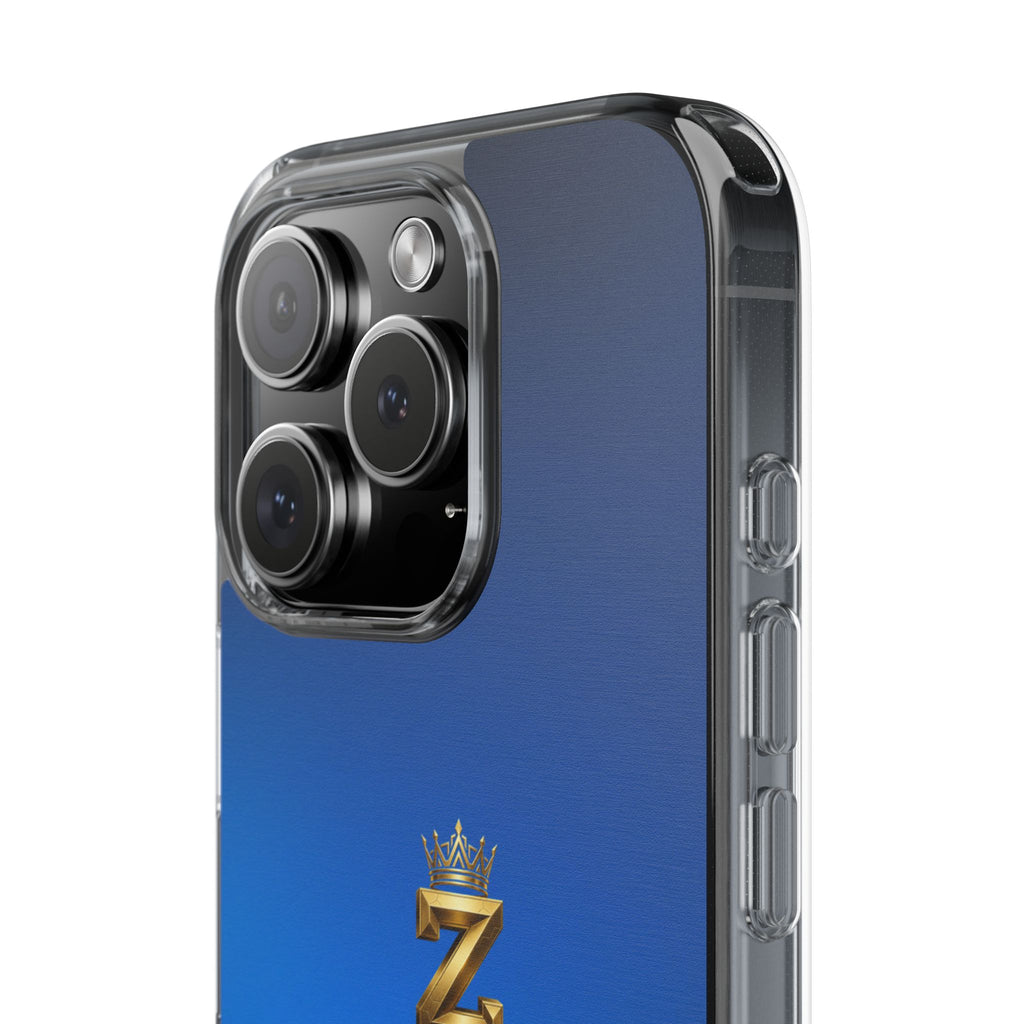 Clear Impact-Resistant Phone Case — Blue Gradient with Gold “Royal Zak” Crown Logo