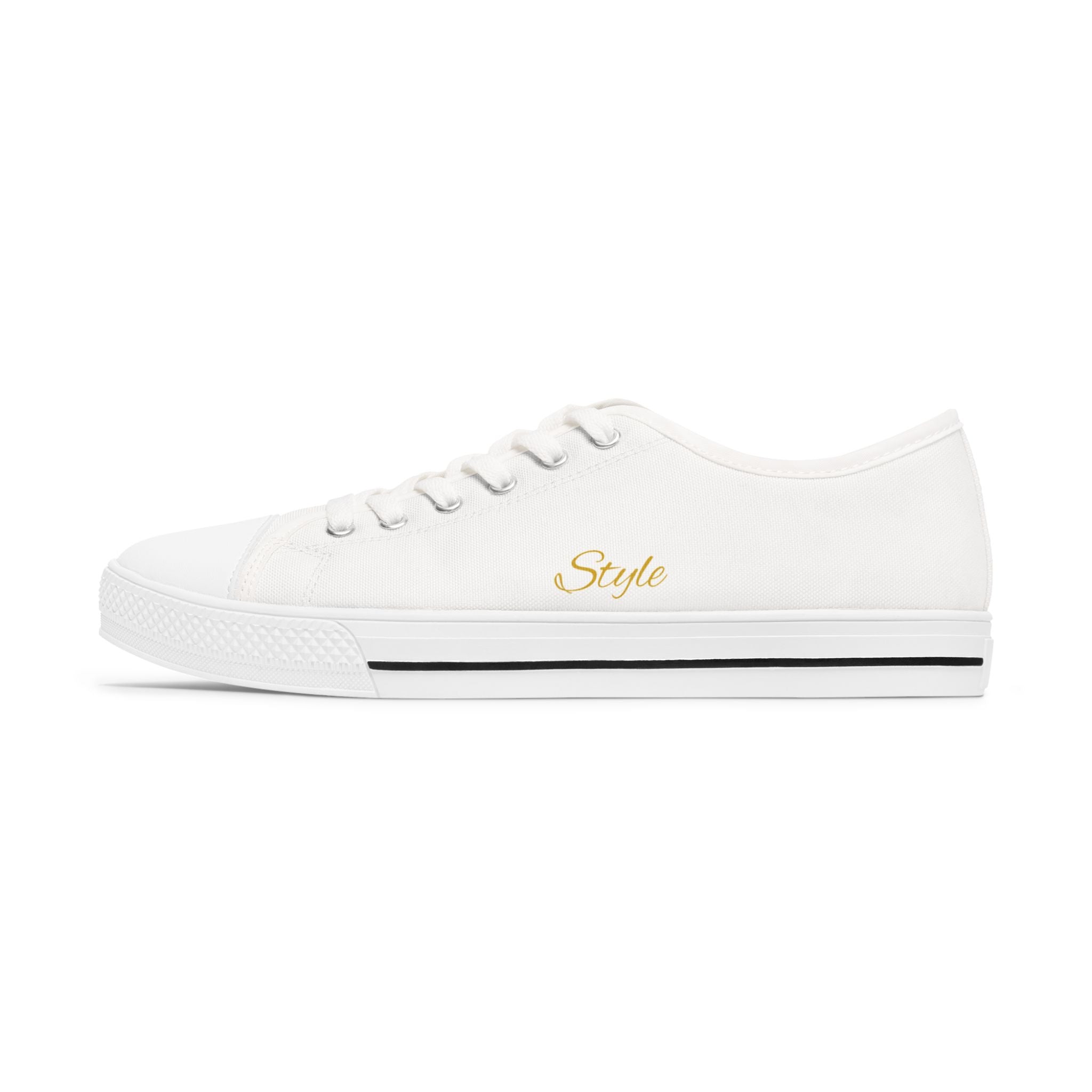 Women's Low Top Sneakers — White Canvas Casual Shoes with Gold "Royalty" & "Style" Script