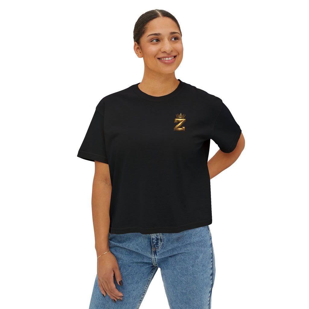 Crowned Z Women's Boxy Tee — Minimal Gold Initial Graphic