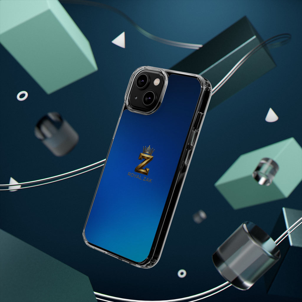 Clear Impact-Resistant Phone Case — Blue Gradient with Gold “Royal Zak” Crown Logo