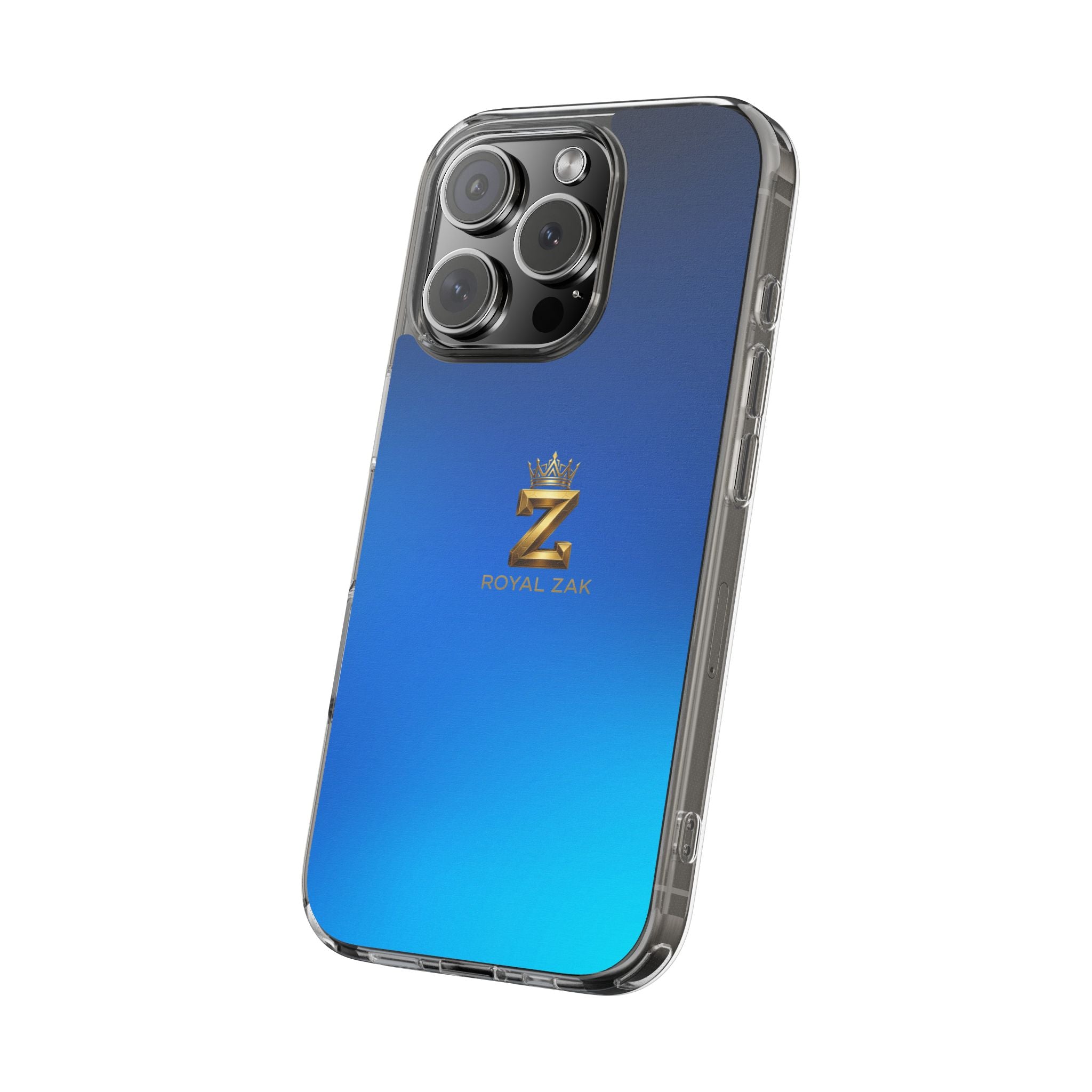 Clear Impact-Resistant Phone Case — Blue Gradient with Gold “Royal Zak” Crown Logo