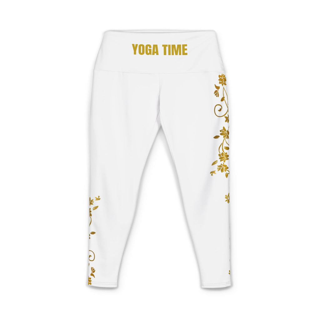Yoga Pants - "YOGA TIME" White Floral High-Waist Leggings