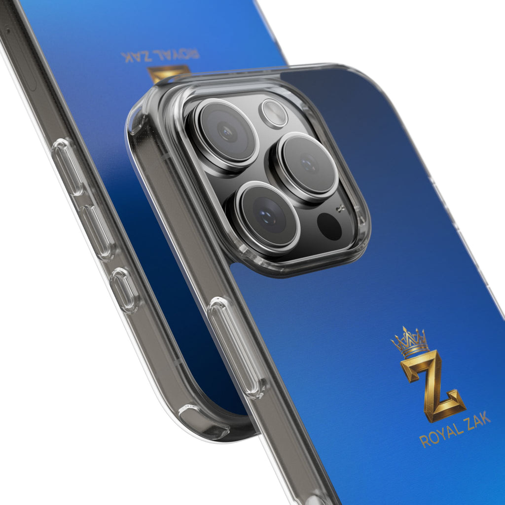 Clear Impact-Resistant Phone Case — Blue Gradient with Gold “Royal Zak” Crown Logo