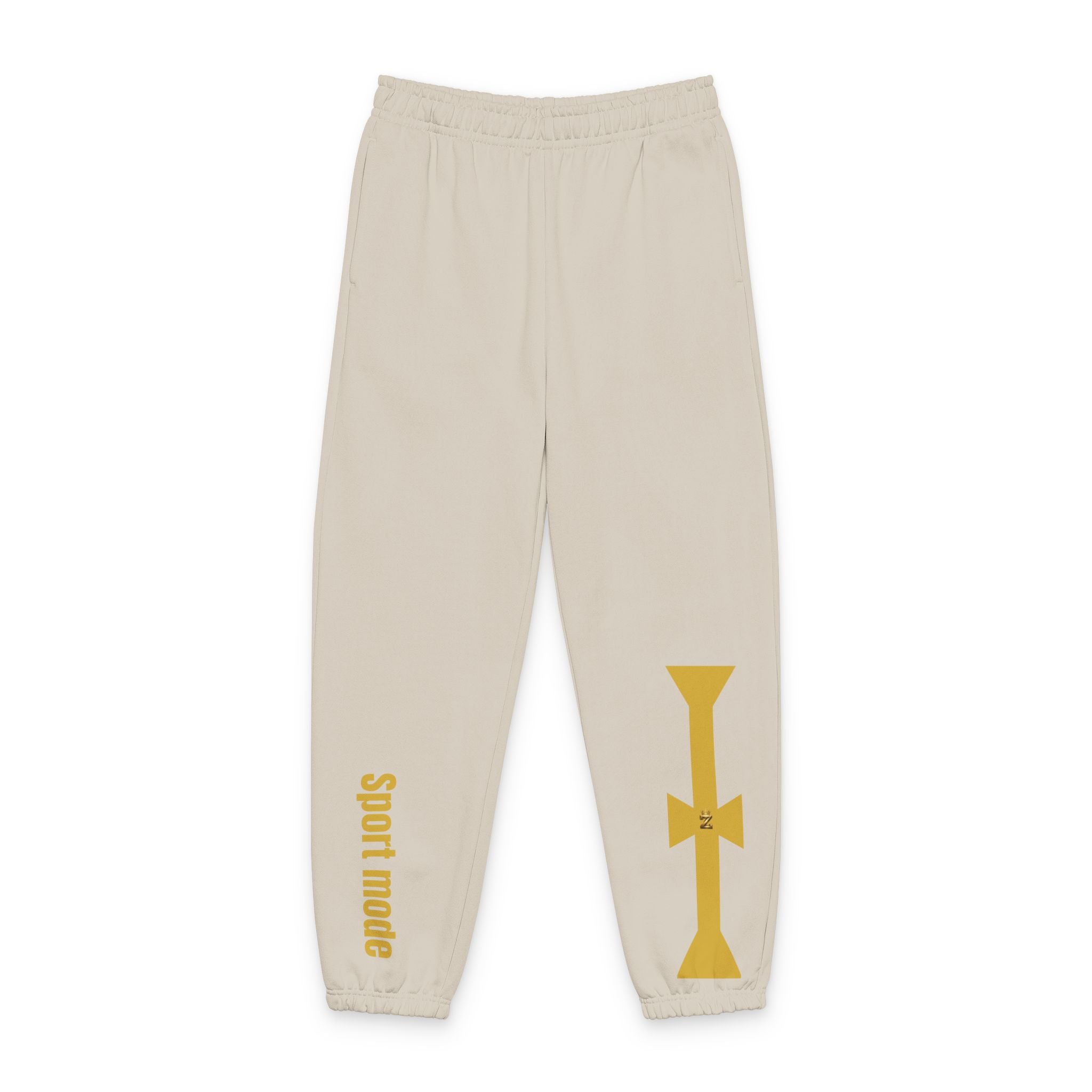 Cross Graphic Sweatpants — Minimal Beige Joggers with Side Text