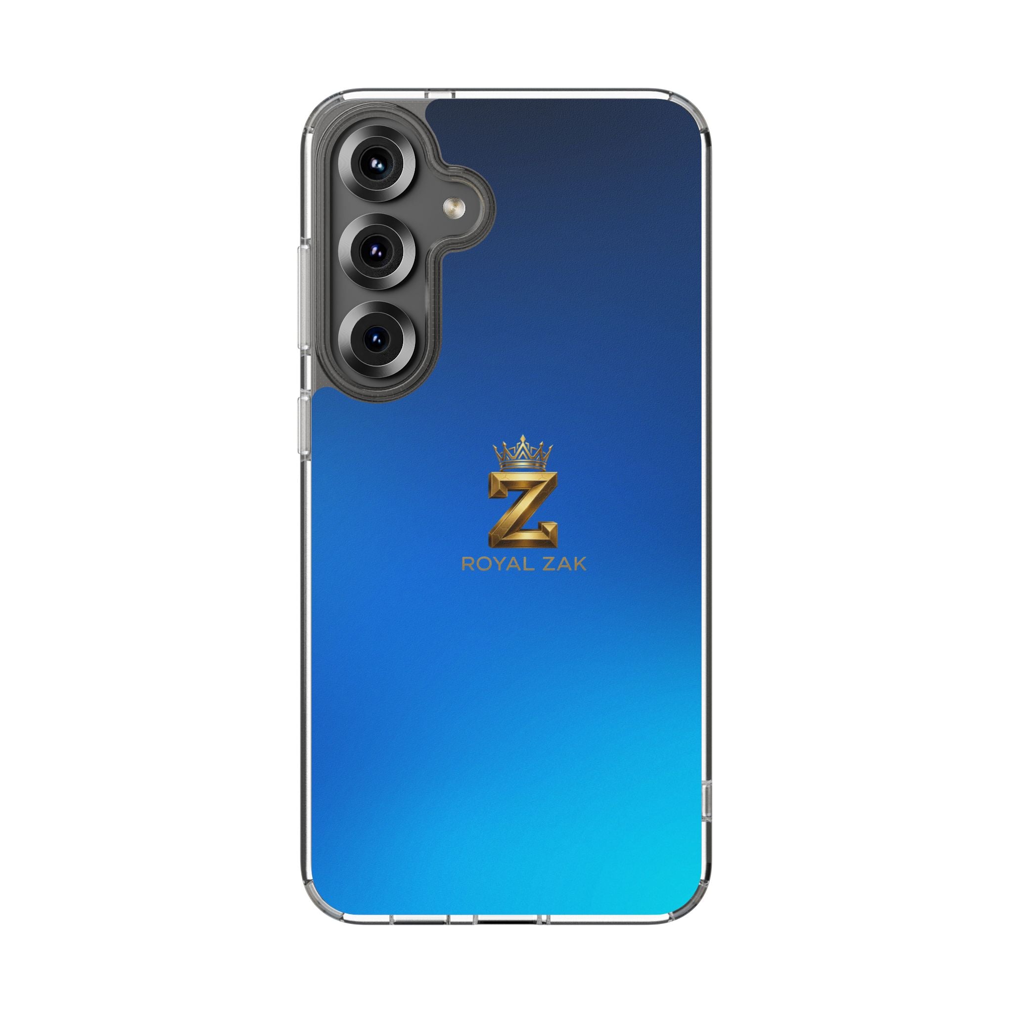 Clear Impact-Resistant Phone Case — Blue Gradient with Gold “Royal Zak” Crown Logo