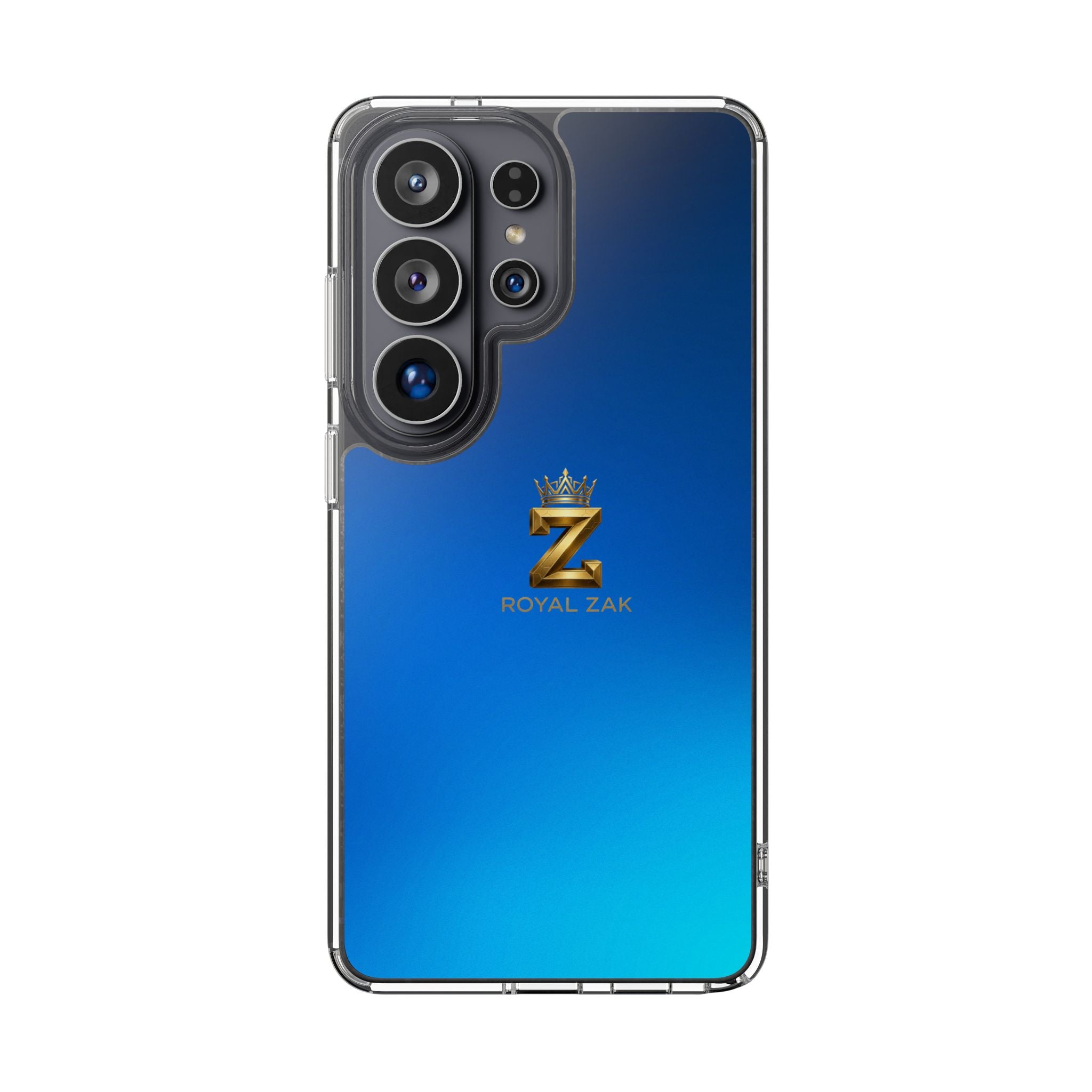 Clear Impact-Resistant Phone Case — Blue Gradient with Gold “Royal Zak” Crown Logo