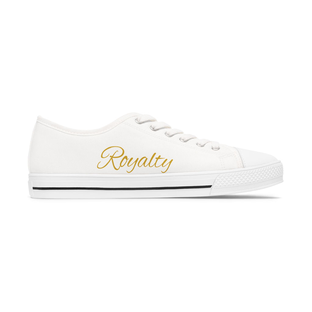 Women's Low Top Sneakers — White Canvas Casual Shoes with Gold "Royalty" & "Style" Script