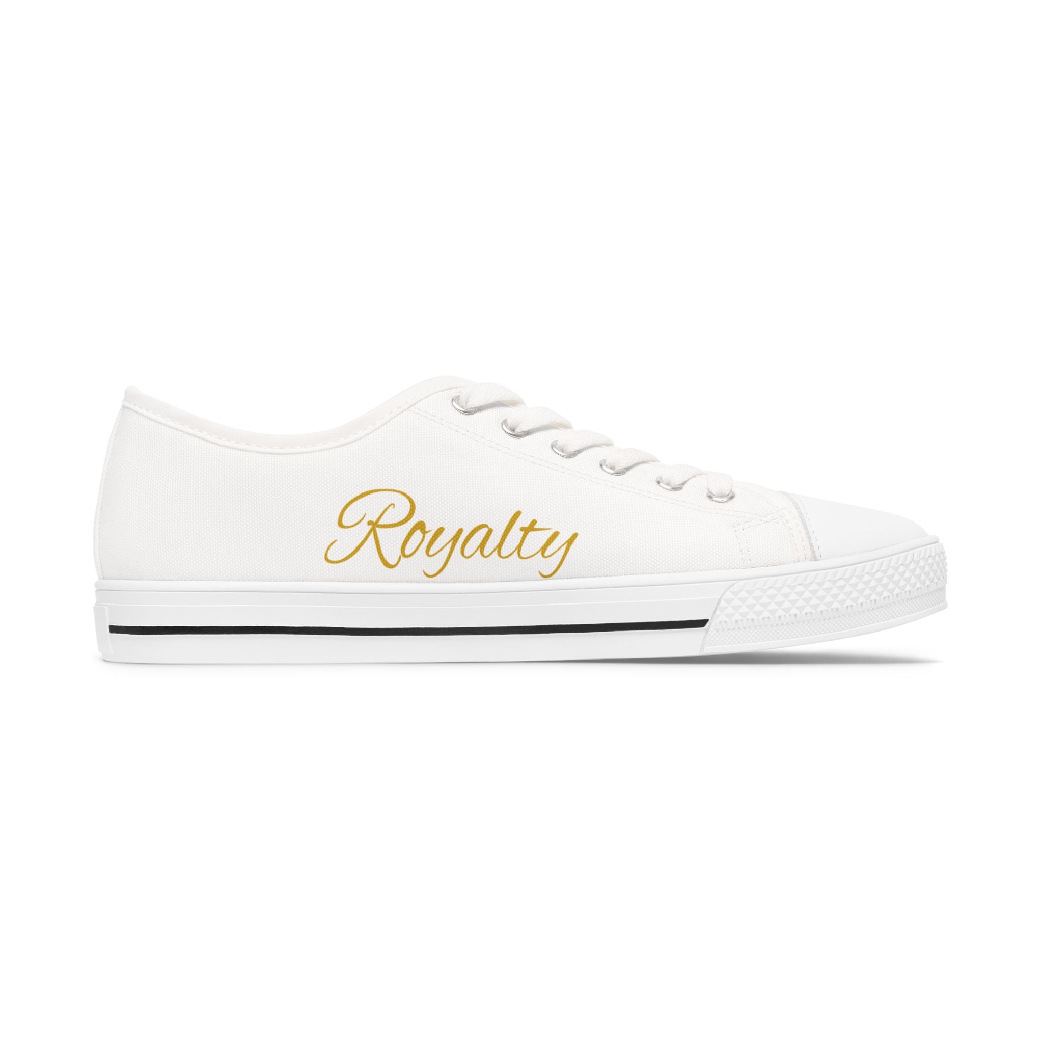 Women's Low Top Sneakers — White Canvas Casual Shoes with Gold "Royalty" & "Style" Script
