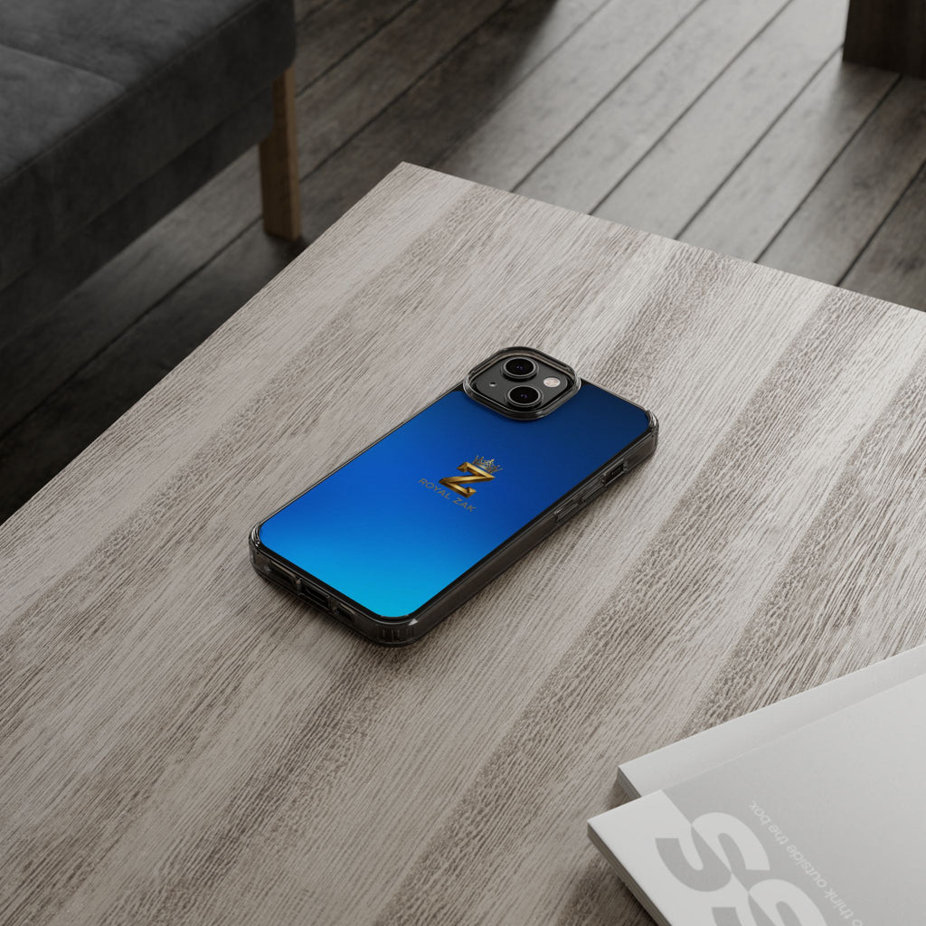 Clear Impact-Resistant Phone Case — Blue Gradient with Gold “Royal Zak” Crown Logo