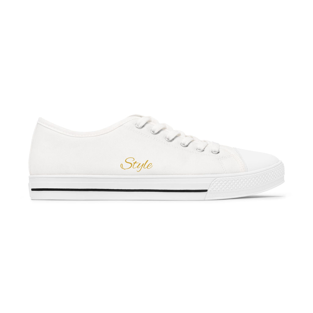 Women's Low Top Sneakers — White Canvas Casual Shoes with Gold "Royalty" & "Style" Script