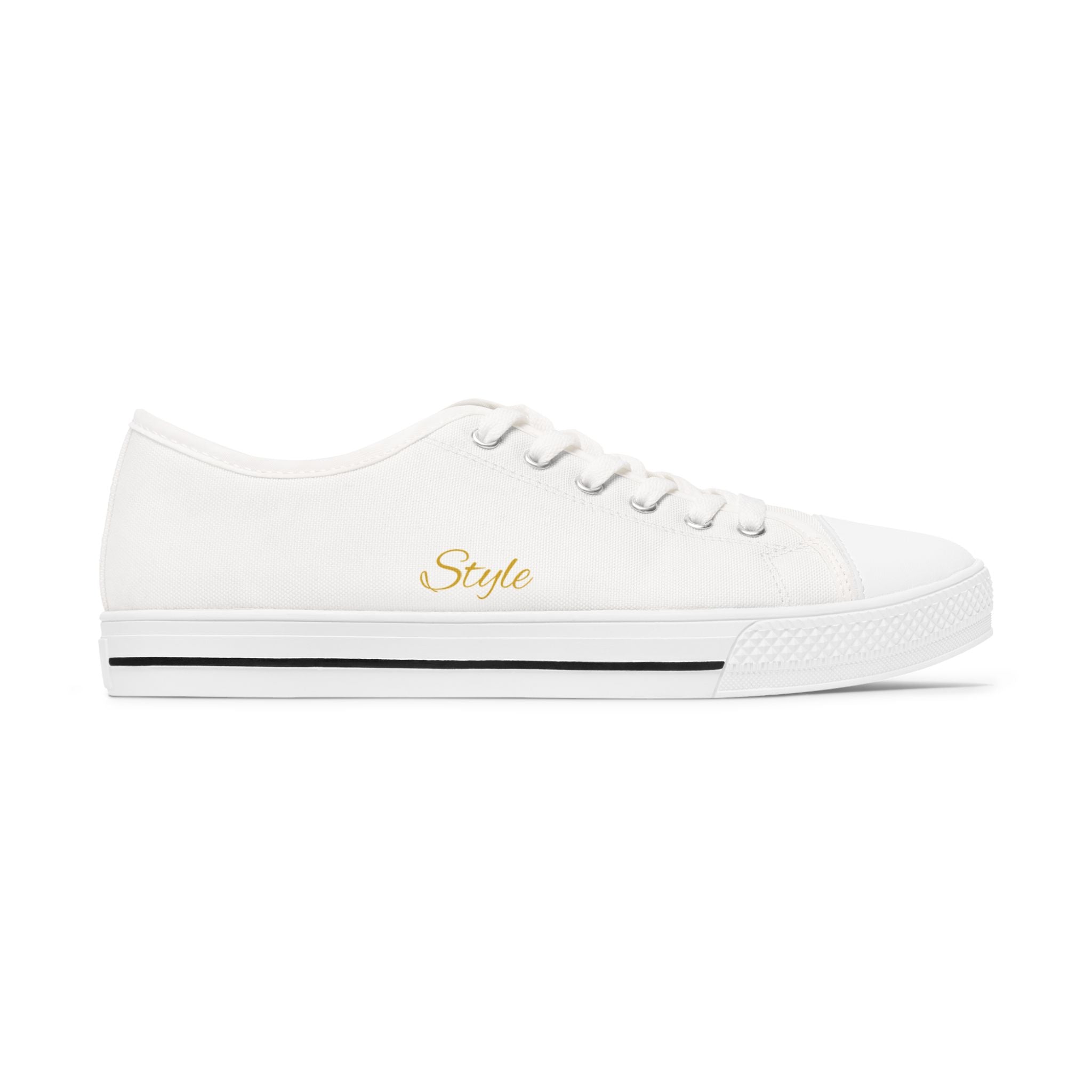 Women's Low Top Sneakers — White Canvas Casual Shoes with Gold "Royalty" & "Style" Script