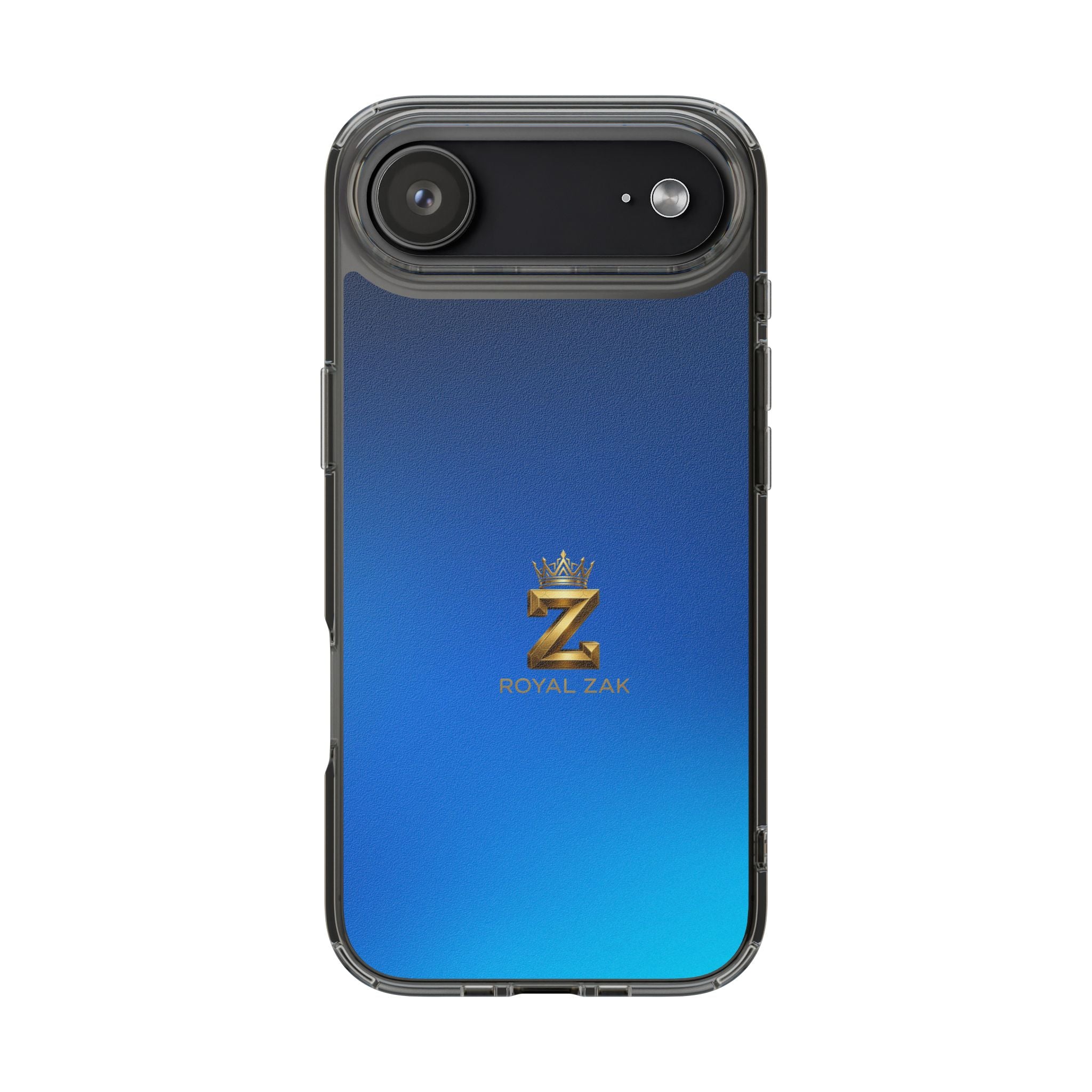Clear Impact-Resistant Phone Case — Blue Gradient with Gold “Royal Zak” Crown Logo
