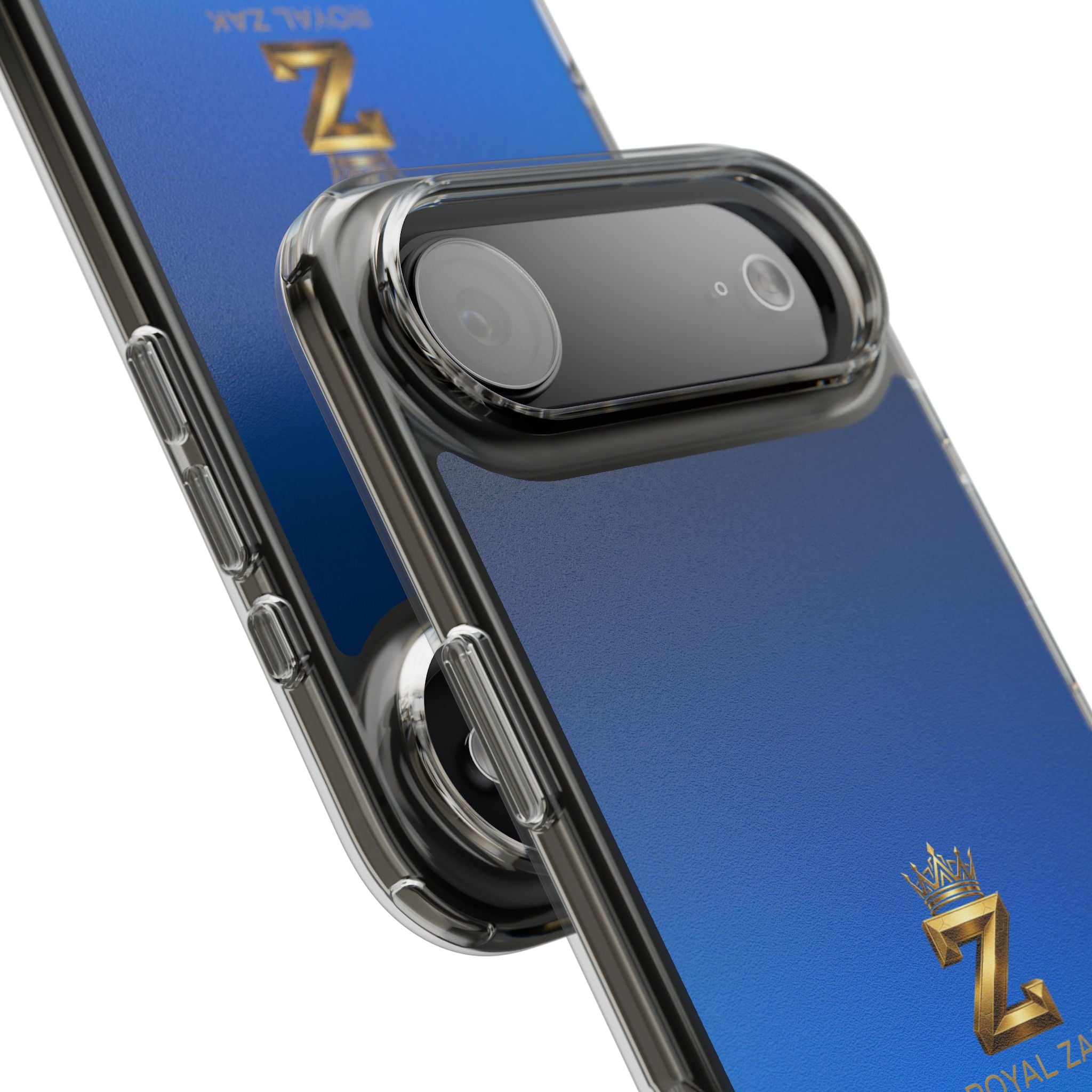 Clear Impact-Resistant Phone Case — Blue Gradient with Gold “Royal Zak” Crown Logo