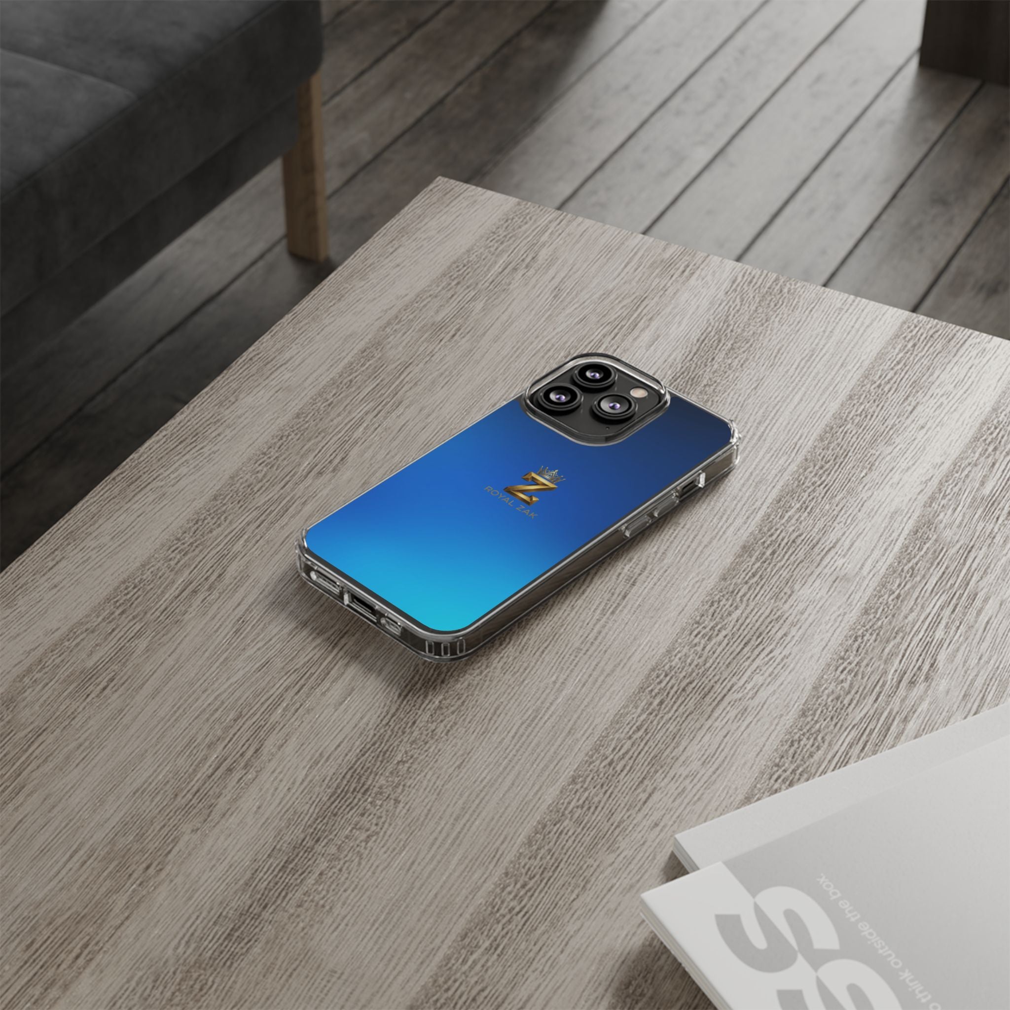 Clear Impact-Resistant Phone Case — Blue Gradient with Gold “Royal Zak” Crown Logo