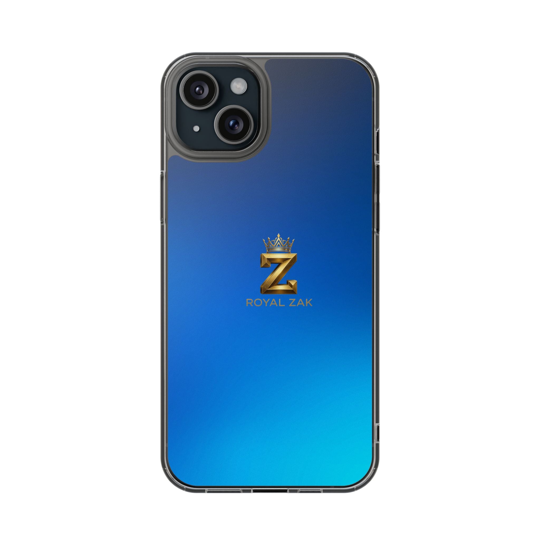 Clear Impact-Resistant Phone Case — Blue Gradient with Gold “Royal Zak” Crown Logo