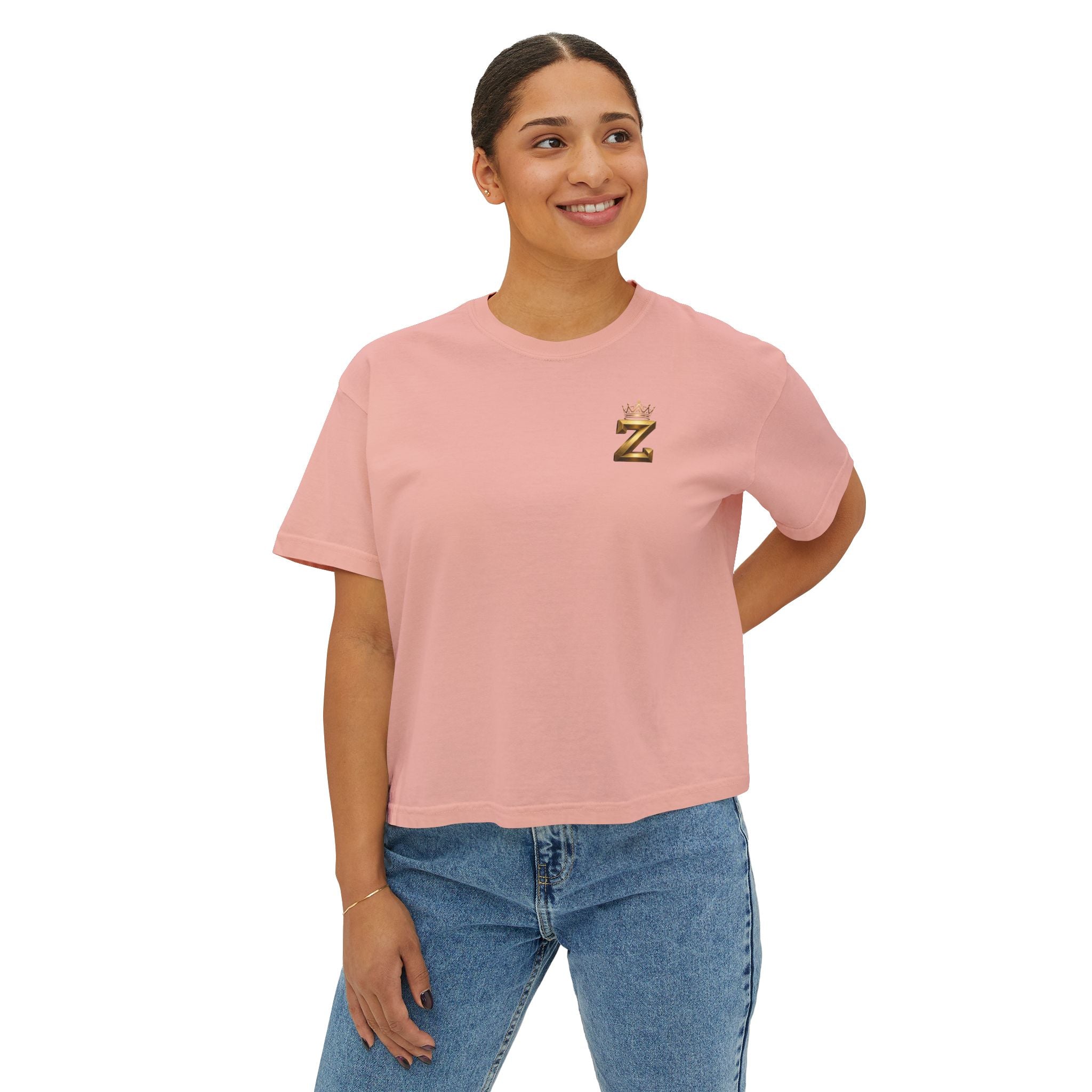 Crowned Z Women's Boxy Tee — Minimal Gold Initial Graphic