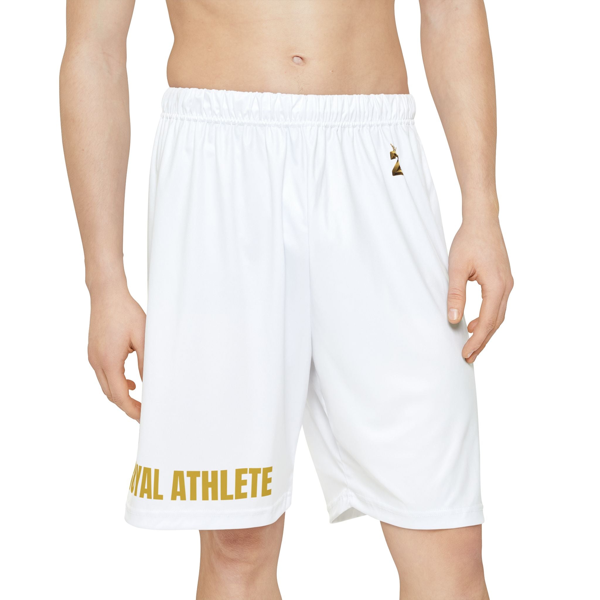 Royal Athlete Men’s Sports Shorts – White Athletic Basketball Shorts with ‘ROYAL ATHLETE’ Gold Print