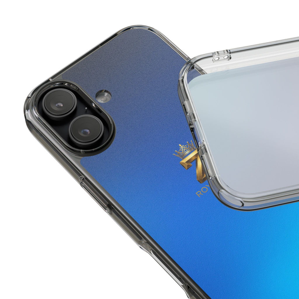 Clear Impact-Resistant Phone Case — Blue Gradient with Gold “Royal Zak” Crown Logo