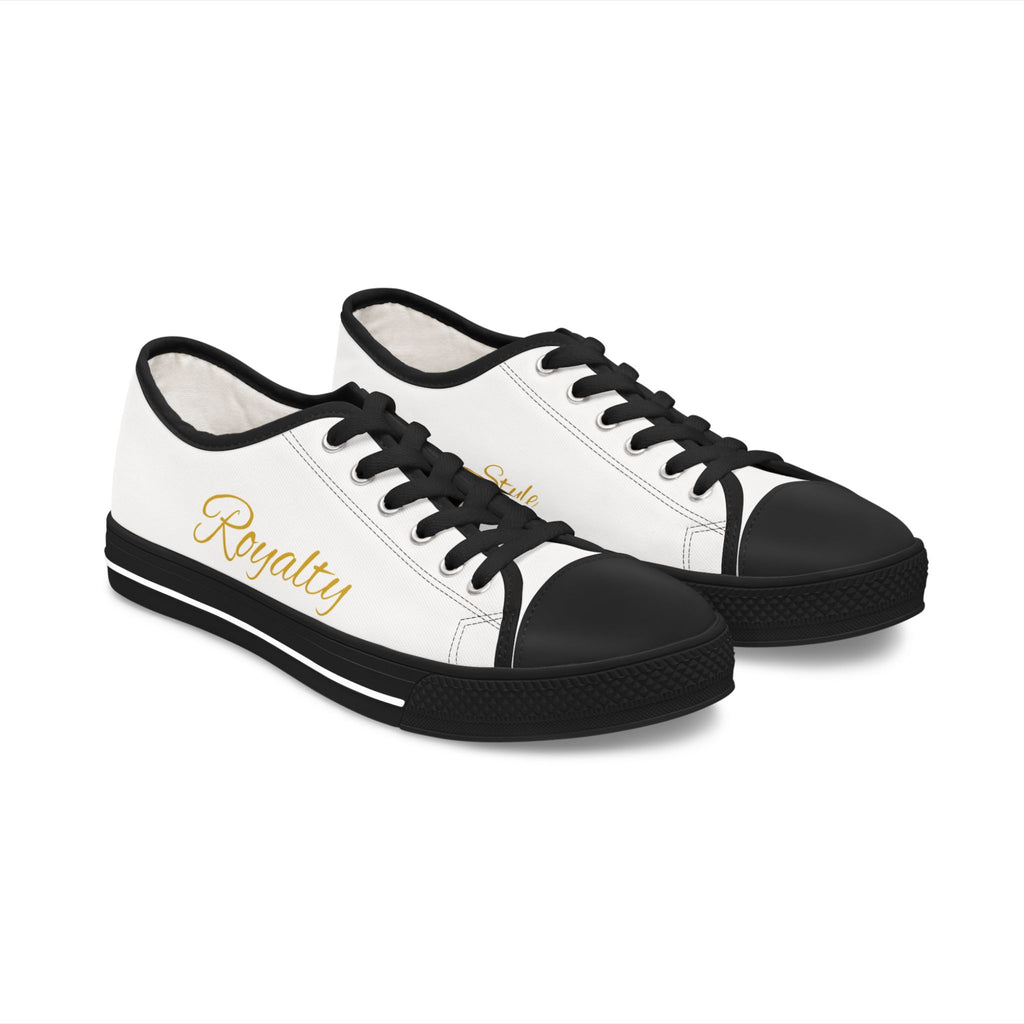 Women's Low Top Sneakers — White Canvas Casual Shoes with Gold "Royalty" & "Style" Script