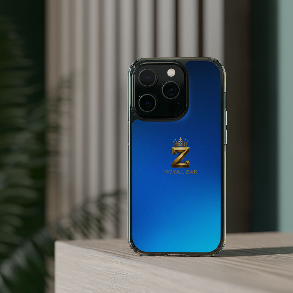 Clear Impact-Resistant Phone Case — Blue Gradient with Gold “Royal Zak” Crown Logo