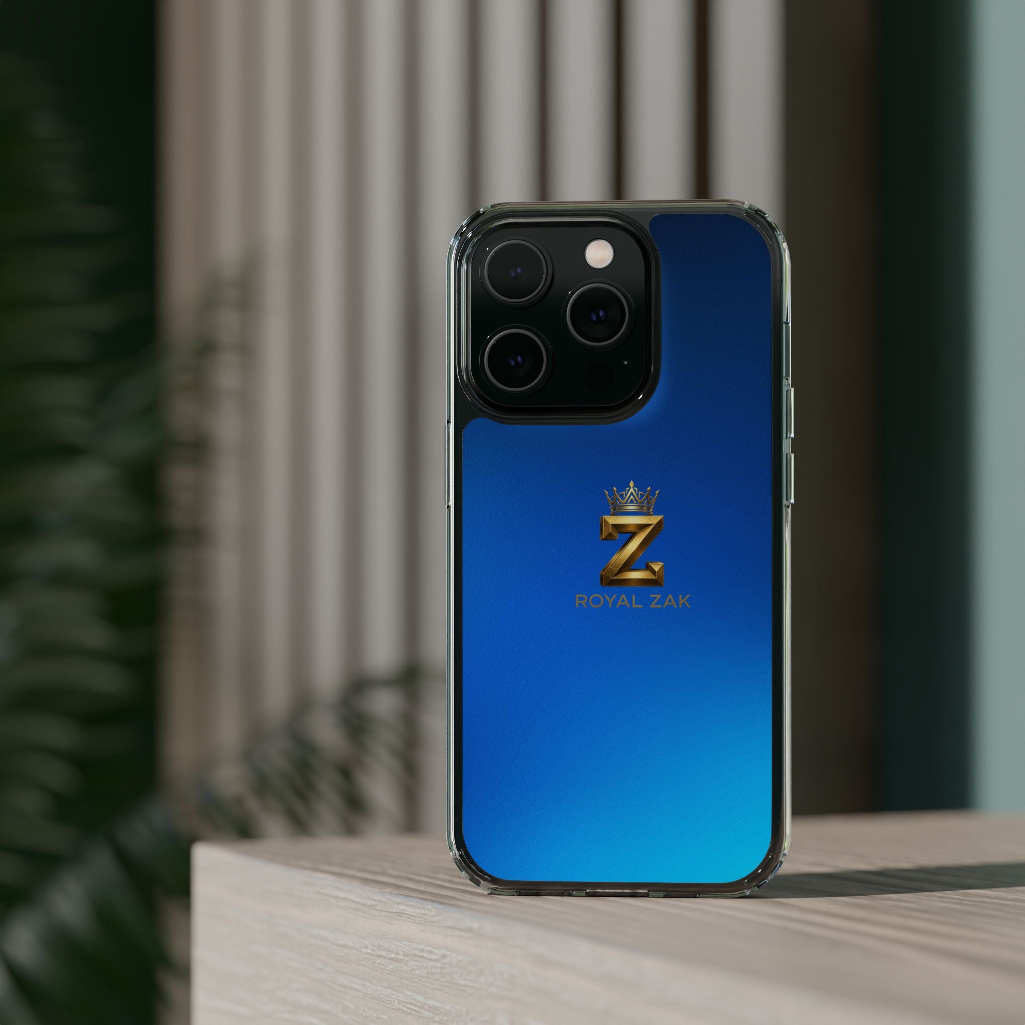 Clear Impact-Resistant Phone Case — Blue Gradient with Gold “Royal Zak” Crown Logo