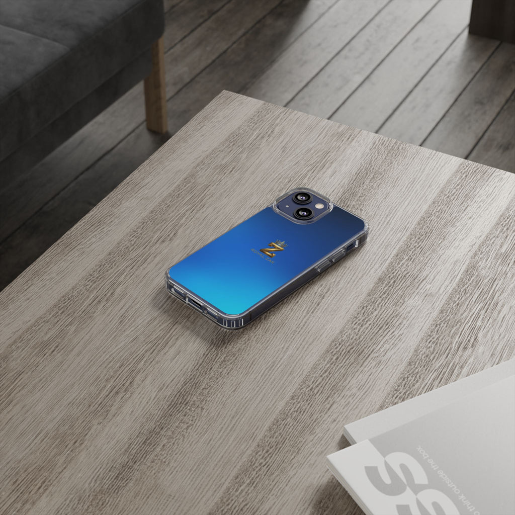 Clear Impact-Resistant Phone Case — Blue Gradient with Gold “Royal Zak” Crown Logo