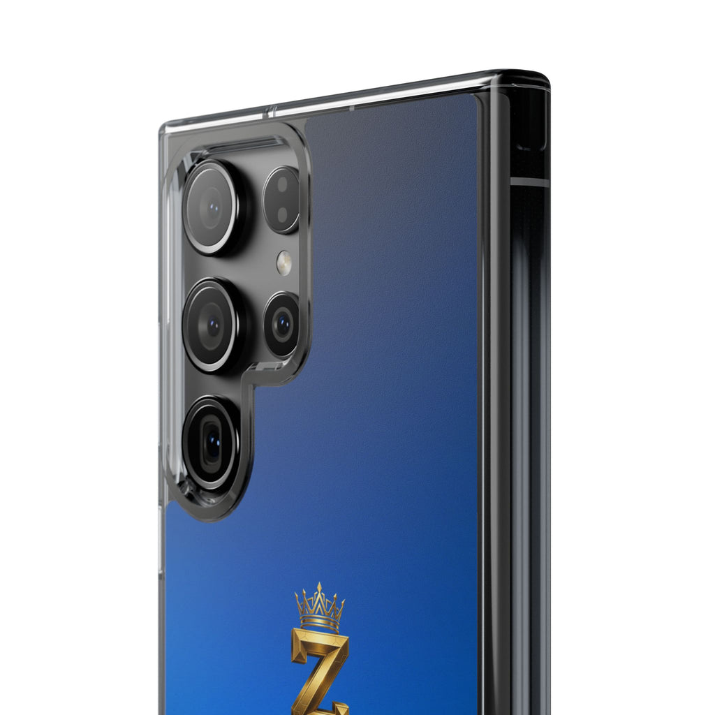 Clear Impact-Resistant Phone Case — Blue Gradient with Gold “Royal Zak” Crown Logo