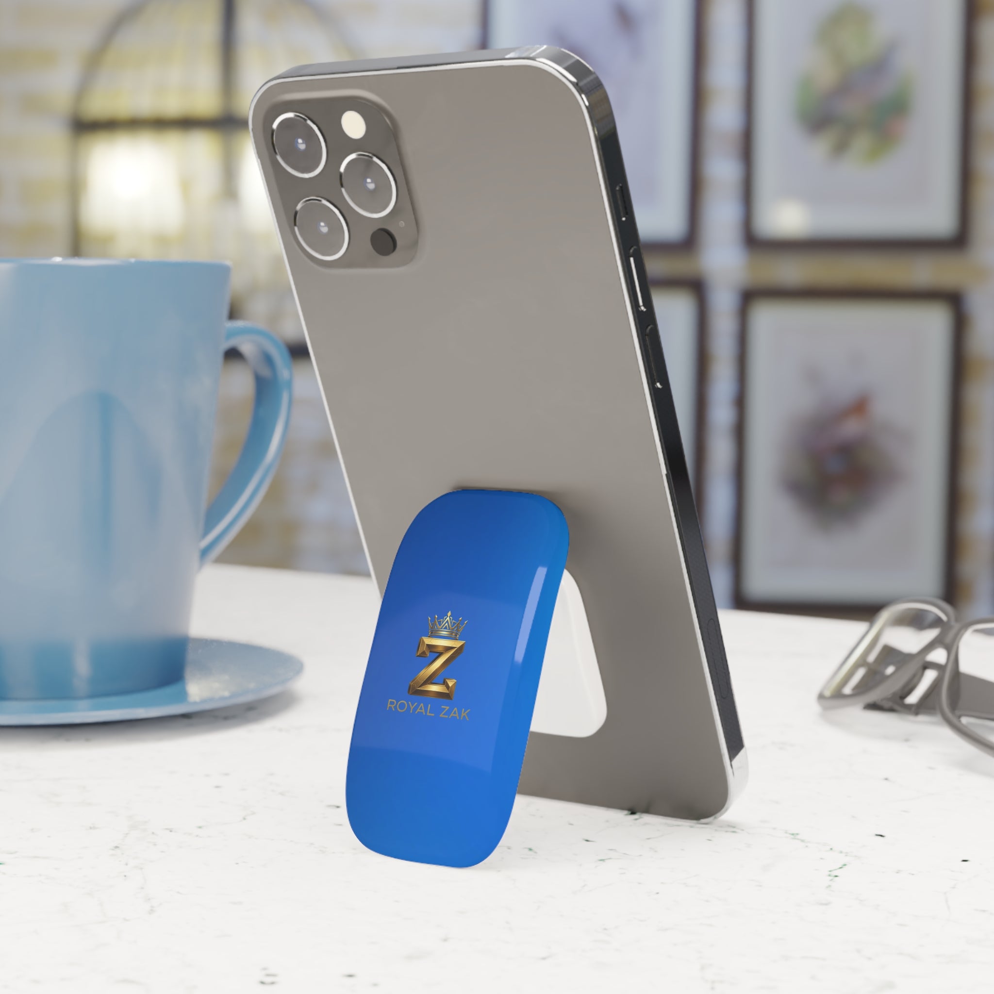 Royal Zak Blue Phone Grip — Gold Crown Z Click-On Stand & Grip