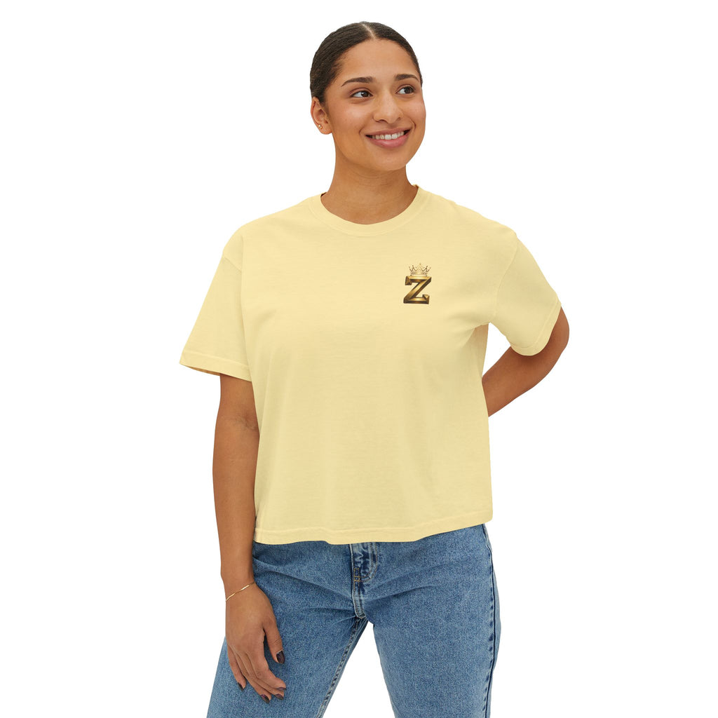 Crowned Z Women's Boxy Tee — Minimal Gold Initial Graphic
