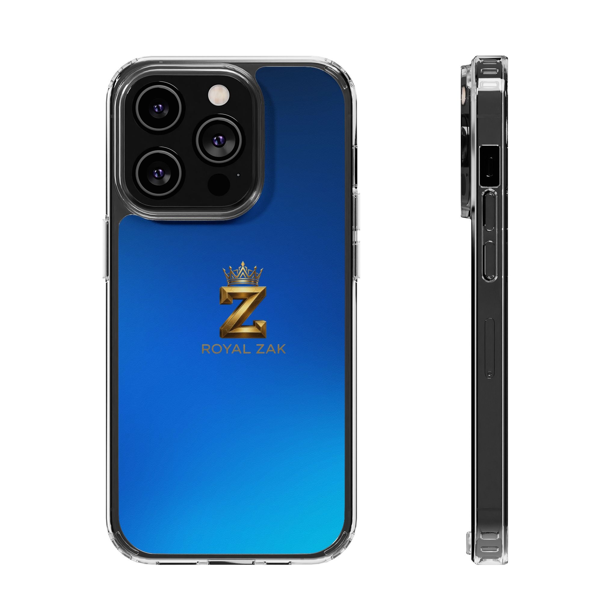 Clear Impact-Resistant Phone Case — Blue Gradient with Gold “Royal Zak” Crown Logo