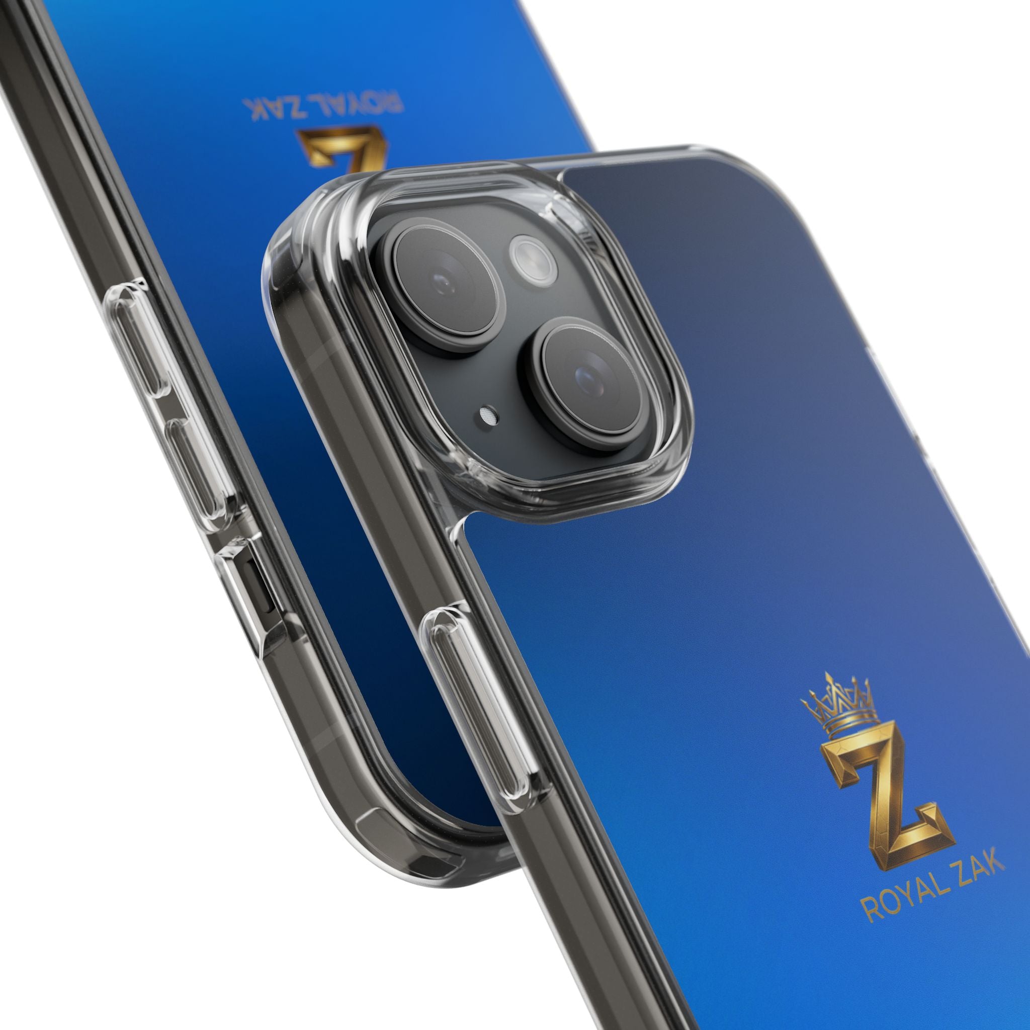 Clear Impact-Resistant Phone Case — Blue Gradient with Gold “Royal Zak” Crown Logo
