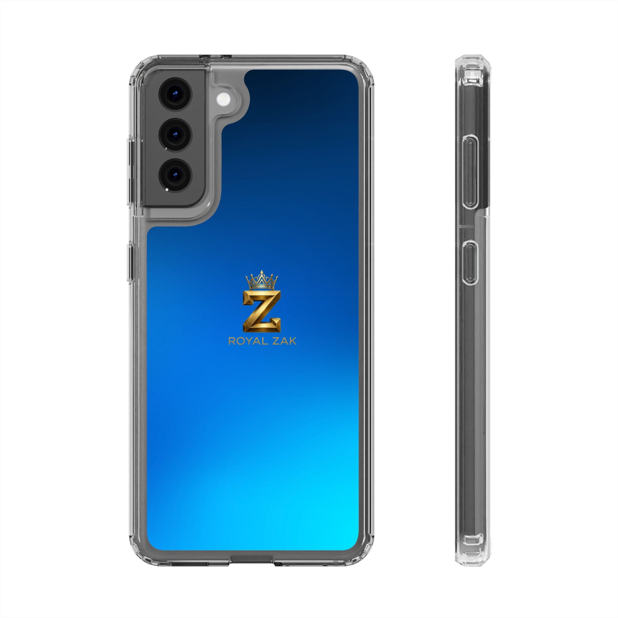 Clear Impact-Resistant Phone Case — Blue Gradient with Gold “Royal Zak” Crown Logo
