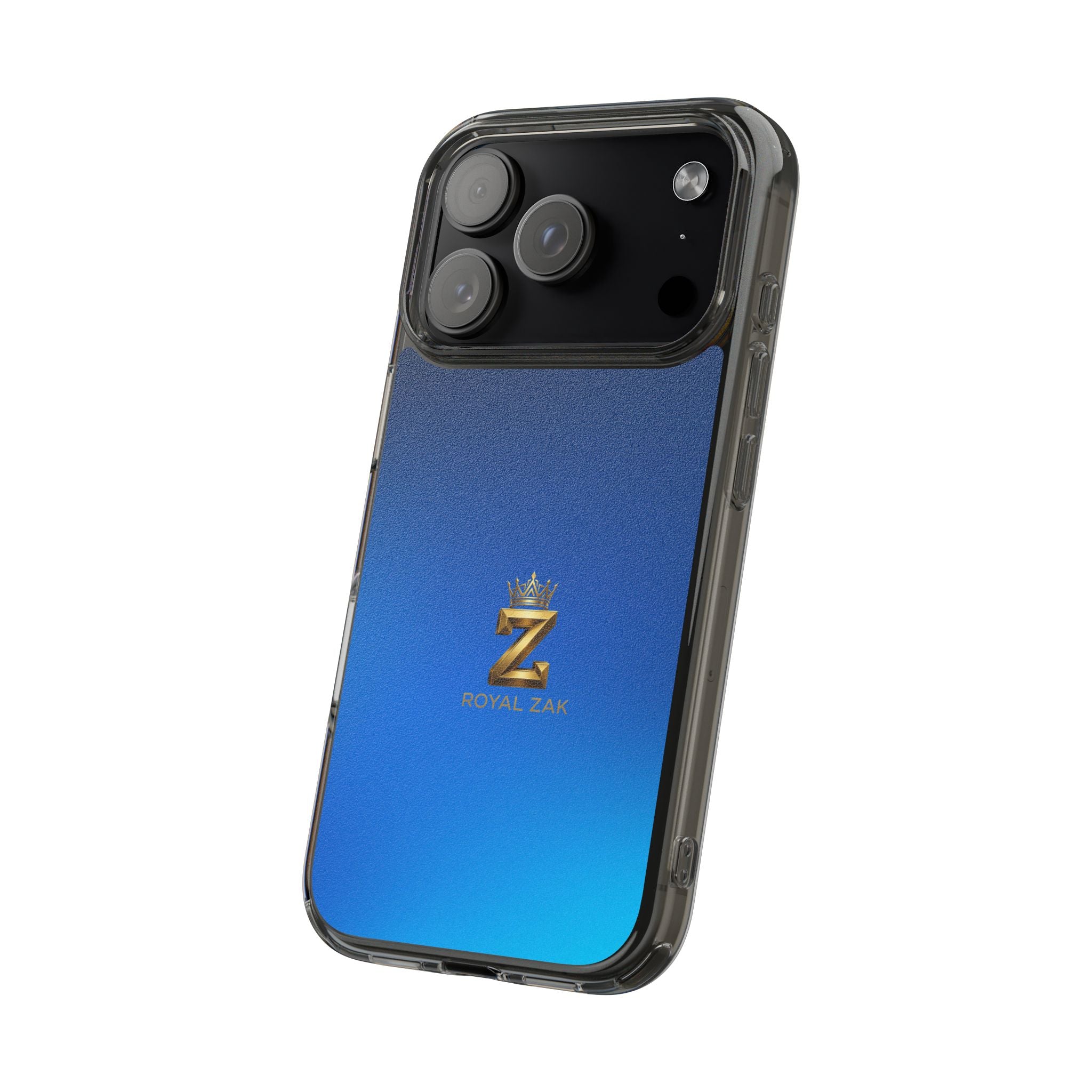 Clear Impact-Resistant Phone Case — Blue Gradient with Gold “Royal Zak” Crown Logo