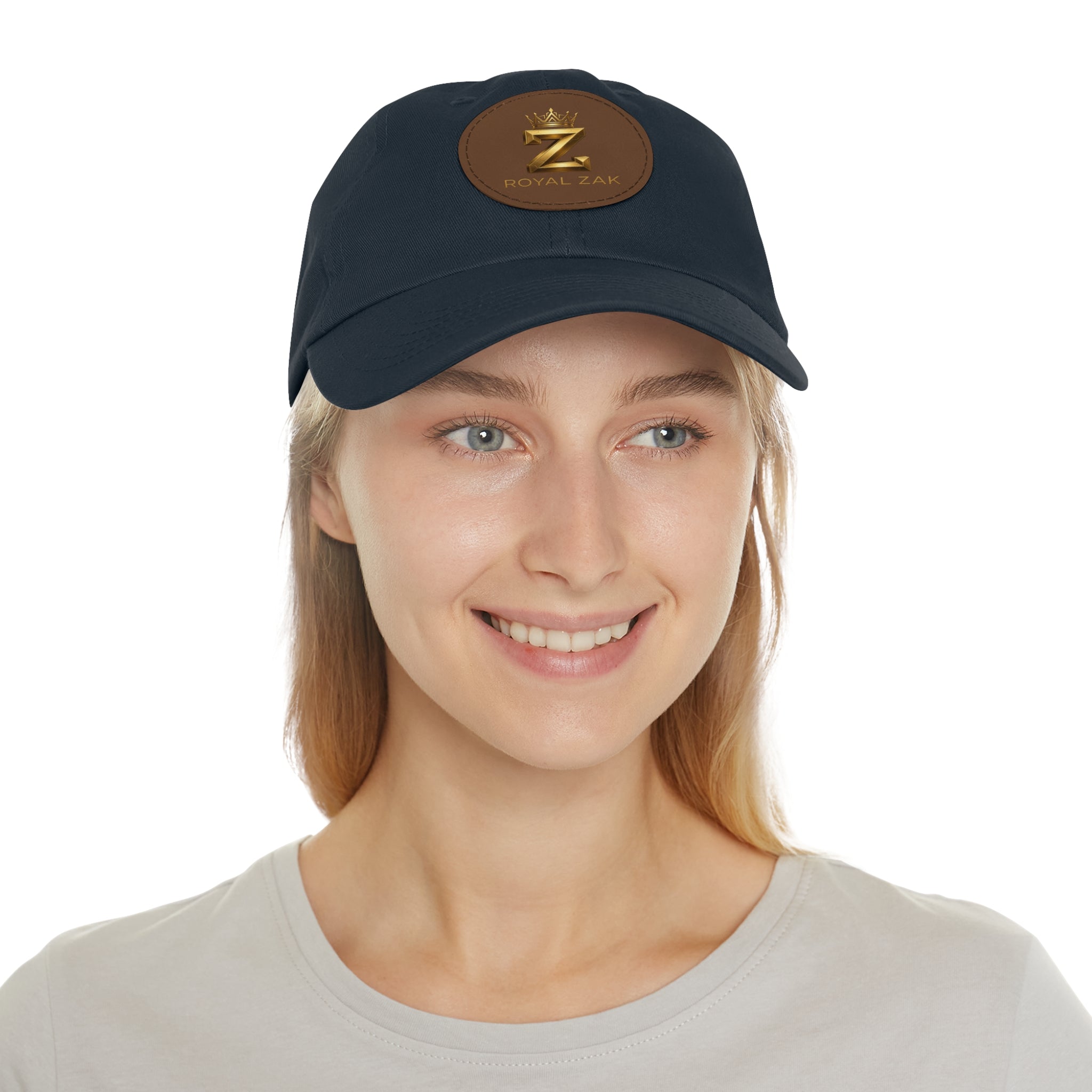 Round Leather Patch Dad Hat — Gold 'Royal Zak' Crown Emblem