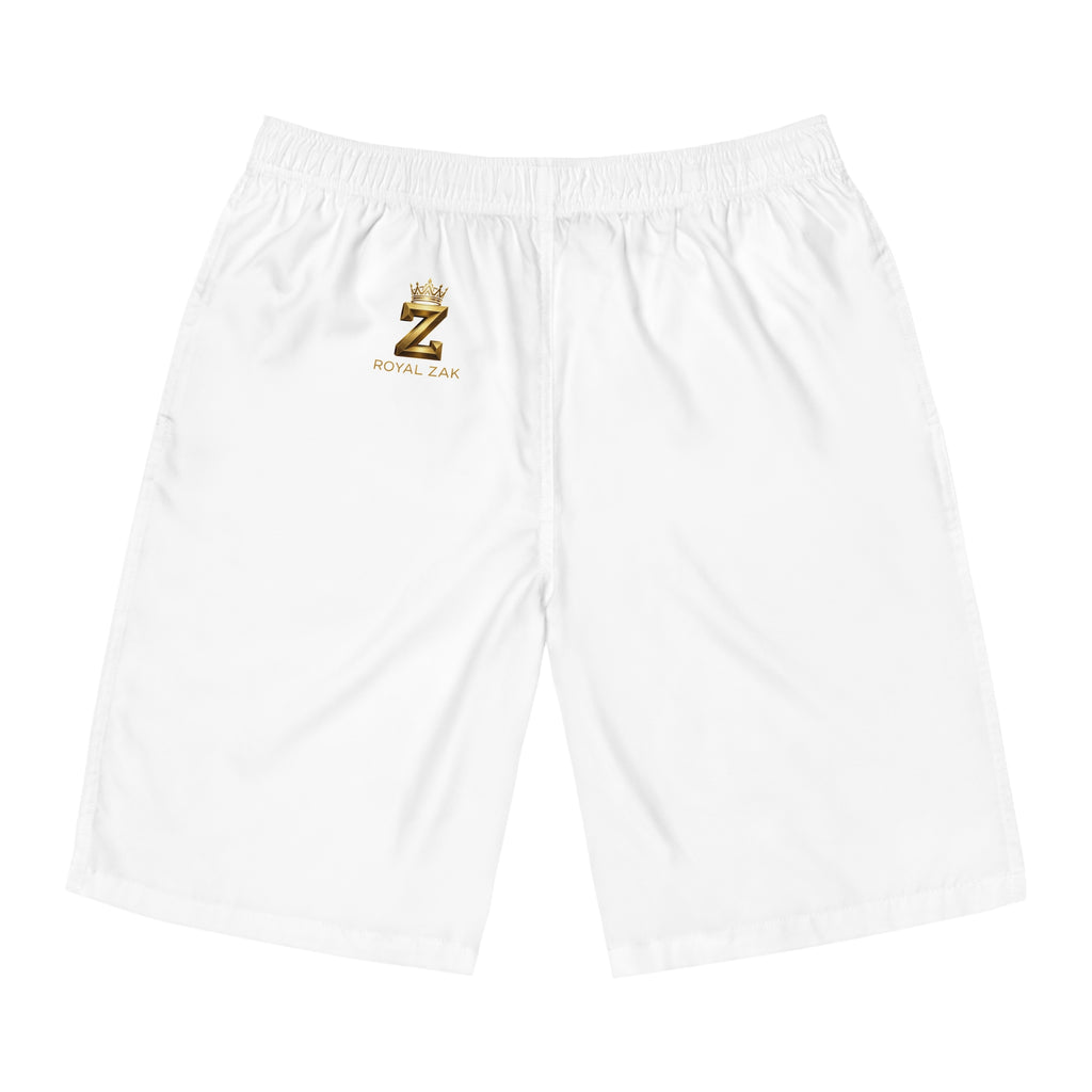 Royal Zaa White Board Shorts — Gold Crown Z Logo Swim Trunks